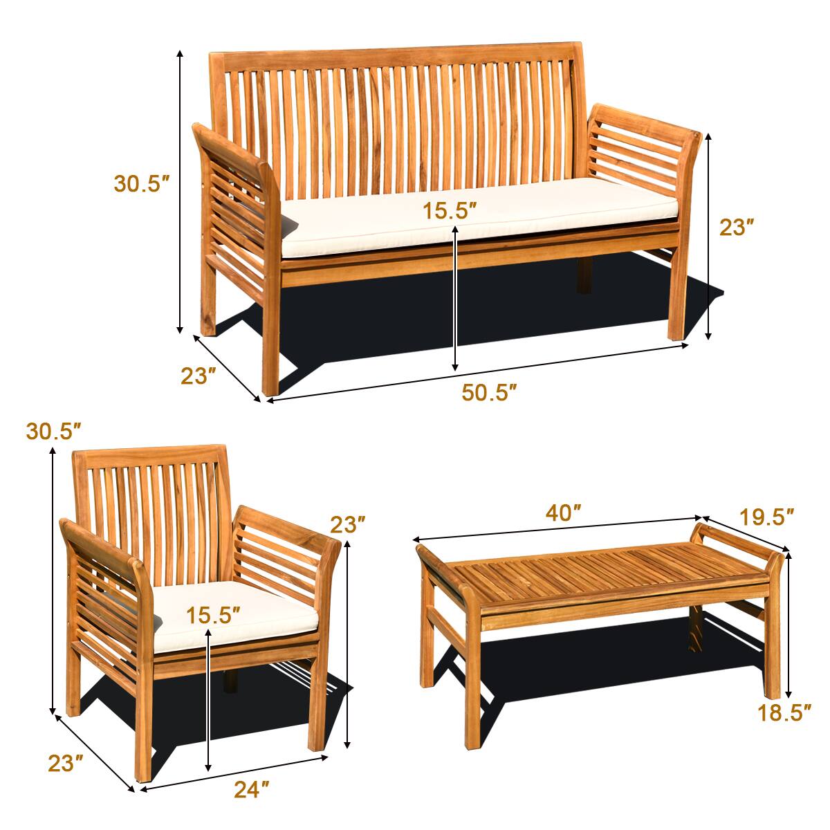 Chair: 30.5", 15.5", 23", 23"

Table: 40", 19.5", 18.5", 23", 24"