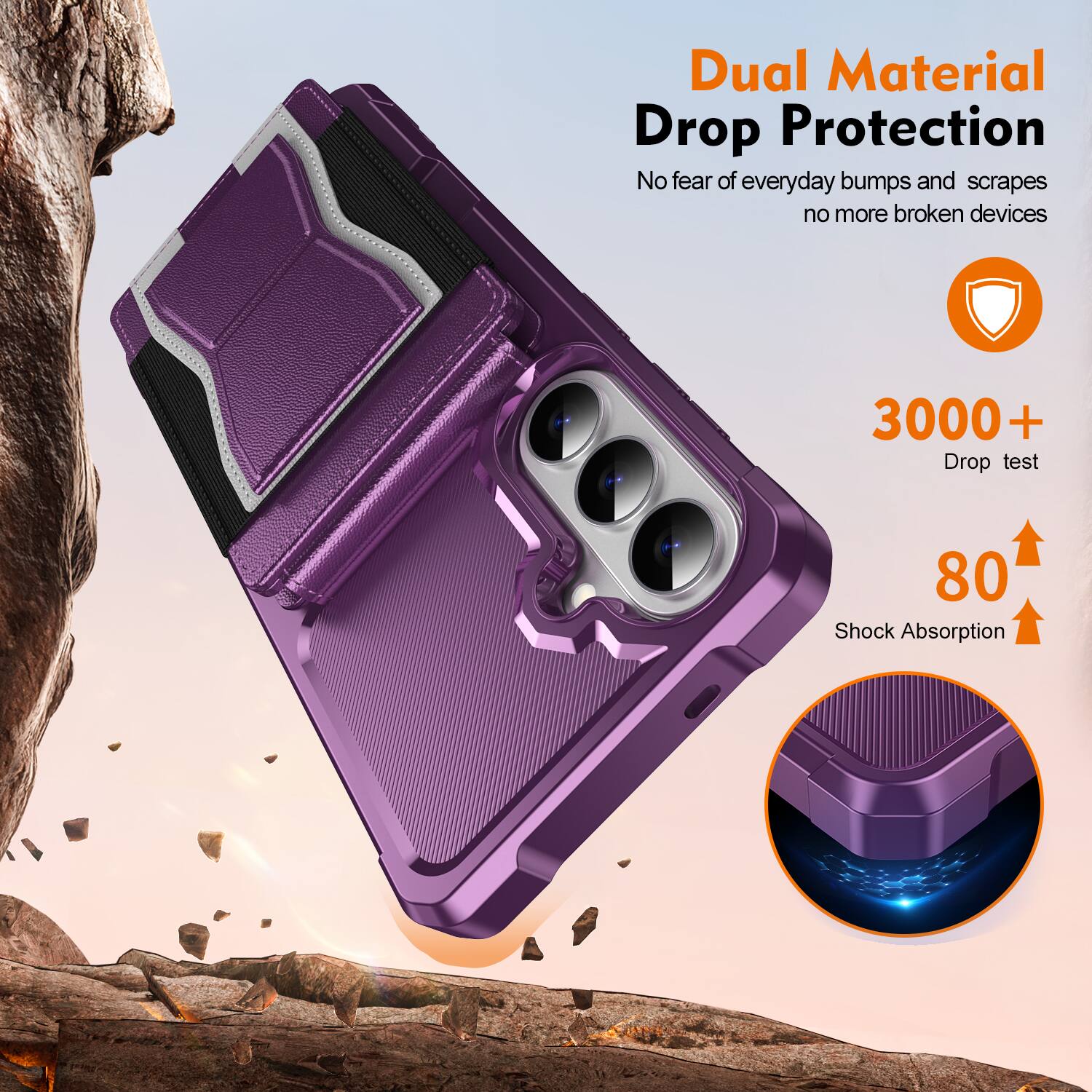 Dual Material Drop Protection  
No fear of everyday bumps and scrapes, no more broken devices  

3000+ Drop test  
80 Shock Absorption