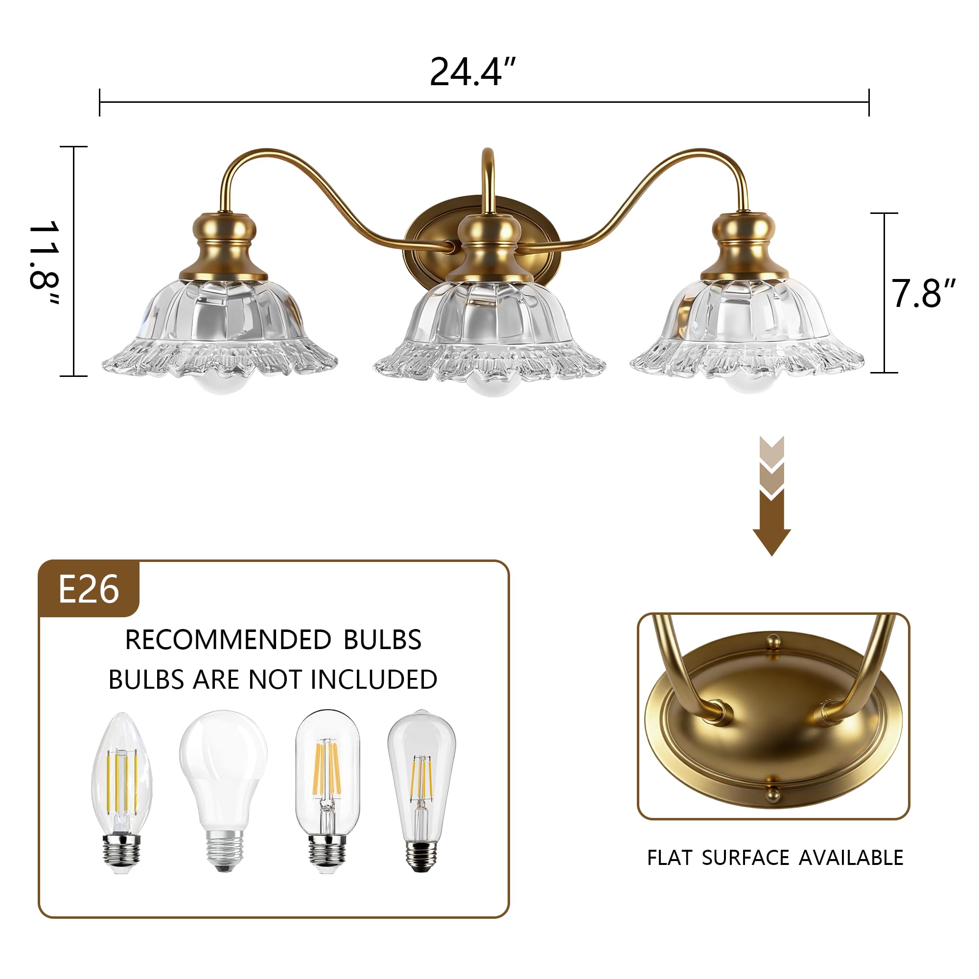 24.4"  
11.8"  
7.8"  

E26  
RECOMMENDED BULBS  
BULBS ARE NOT INCLUDED  

FLAT SURFACE AVAILABLE