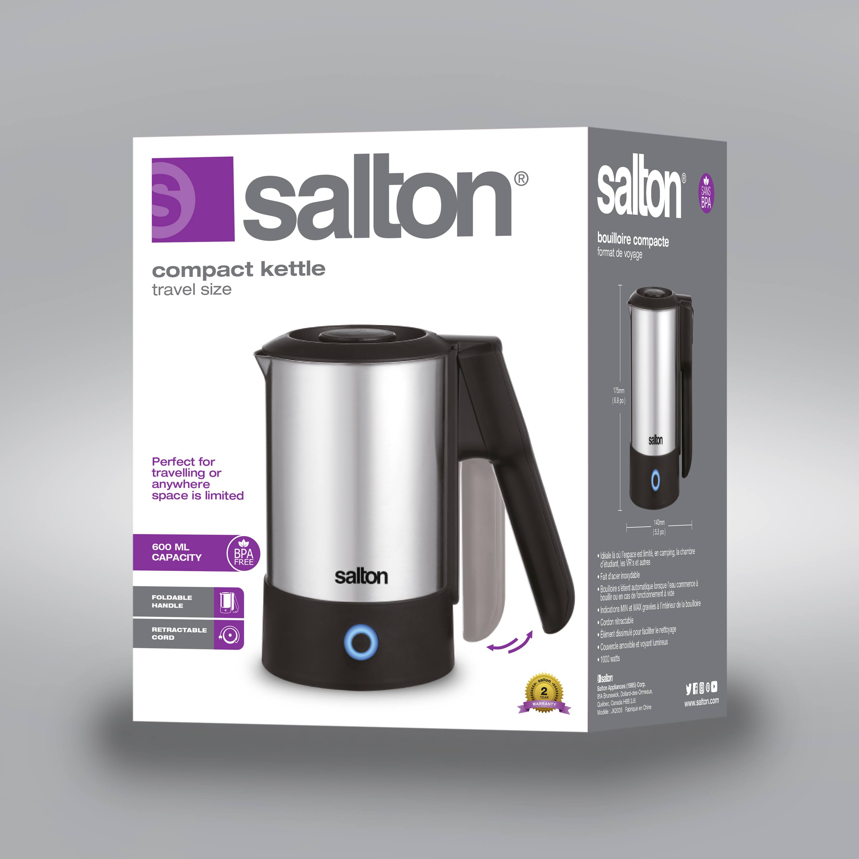 The corrected text is:

- Salton compact kettle, travel size
- Bouilloire compacte, format de voyage
- Perfect for travelling or anywhere space is limited
- 600 ML capacity
- Foldable handle
- Retractable cord
- BPA free