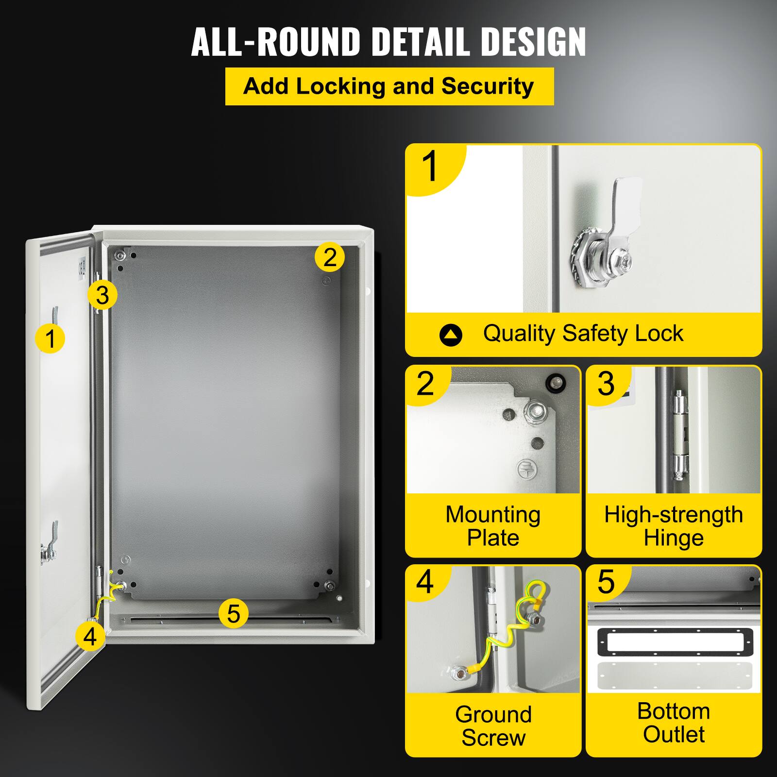 ALL-ROUND DETAIL DESIGN  
Add Locking and Security  

1. Quality Safety Lock  
2. Mounting Plate  
3. High-strength Hinge  
4. Ground Screw  
5. Bottom Outlet