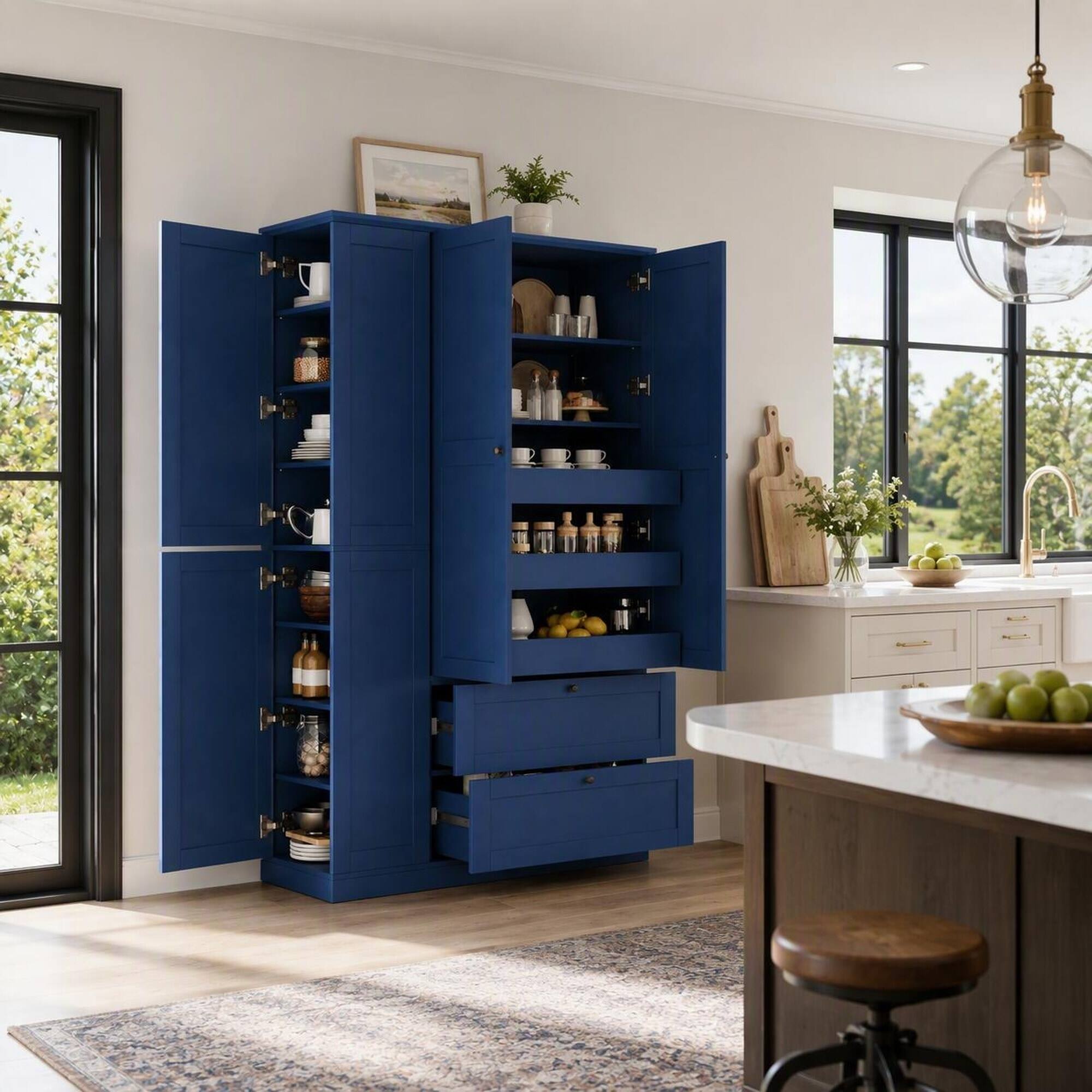 RYHNUYNE Freestanding 73.6 Inch Farmhouse Kitchen Pantry Cabinet with 3 ...