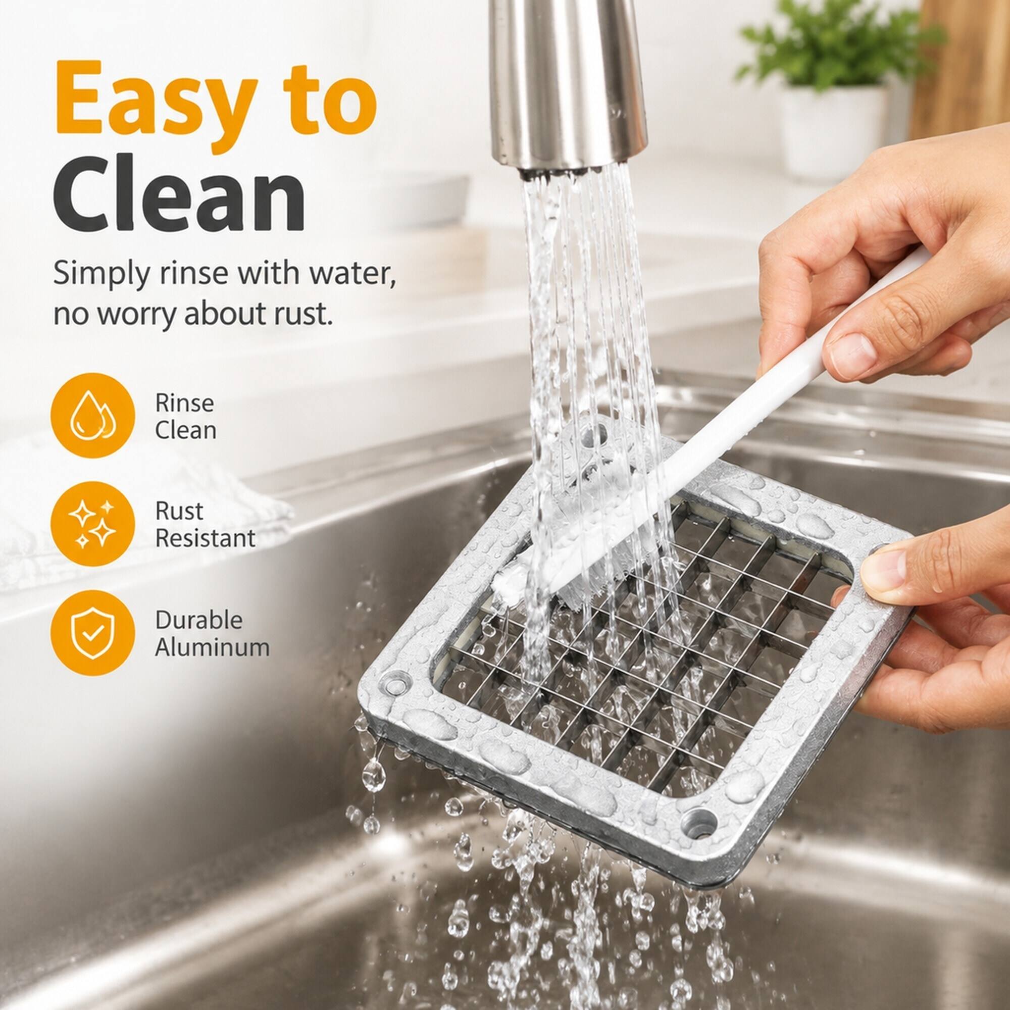 Easy to Clean  
Simply rinse with water, no worry about rust.  
Rinse Clean  
Rust Resistant  
Durable Aluminum