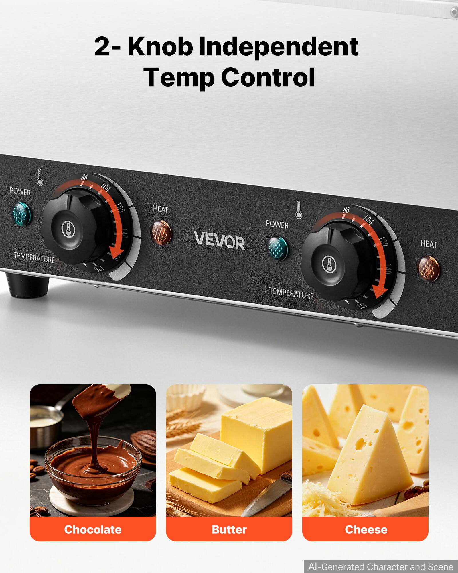 2- Knob Independent Temp Control

POWER TEMPERATURE
86 104 122 140 176

HEAT POWER VEVOR TEMPERATURE
86 104 122 140 176

HEAT

Chocolate
Butter
Cheese

AI-Generated Character and Scene
