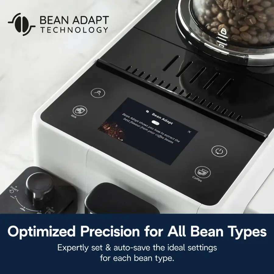 Bean Adapt Technology is a Mok Bean that allows you to extract the best flavor from your coffee beans. It shows you how to optimize your coffee extraction for all bean types, with expertly set and auto-save ideal settings for each bean type.