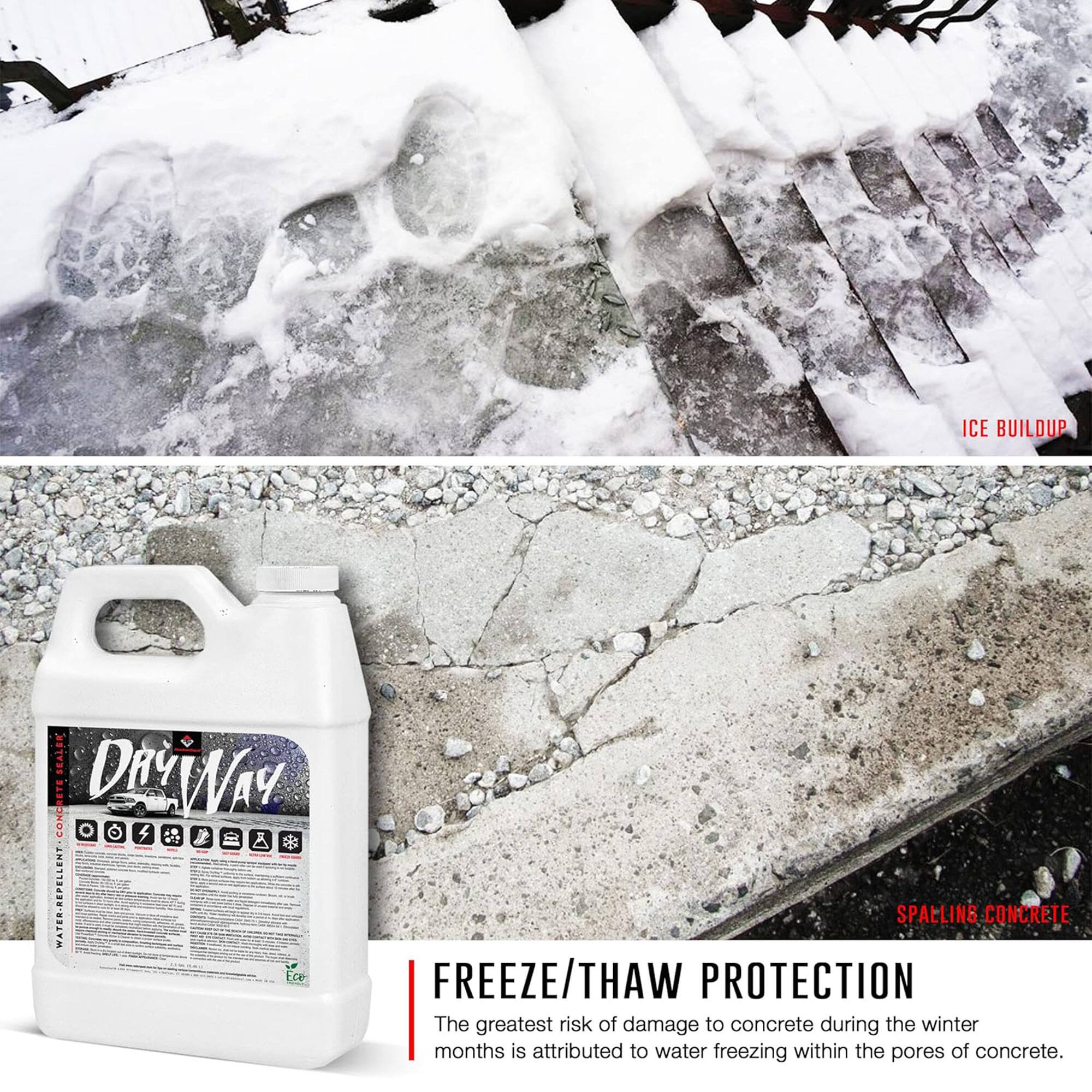 **ICE BUILDUP SEALER CONCRETE DRYWAY**

**H 1 A S WATER-REPELLENT**

**Ece SPALLING CONCRETE FREEZE/THAW PROTECTION**

The greatest risk of damage to concrete during the winter months is attributed to water freezing within the pores of concrete.

---

**FREEZE/THAW PROTECTION**

The greatest risk of damage to concrete during the winter months is attributed to water freezing within the pores of concrete.