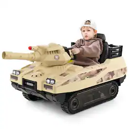 Costway - Electric Kids Ride On Tank with Rubber Tracks Rotatable Turret & Working Cannon - Light Camouflage