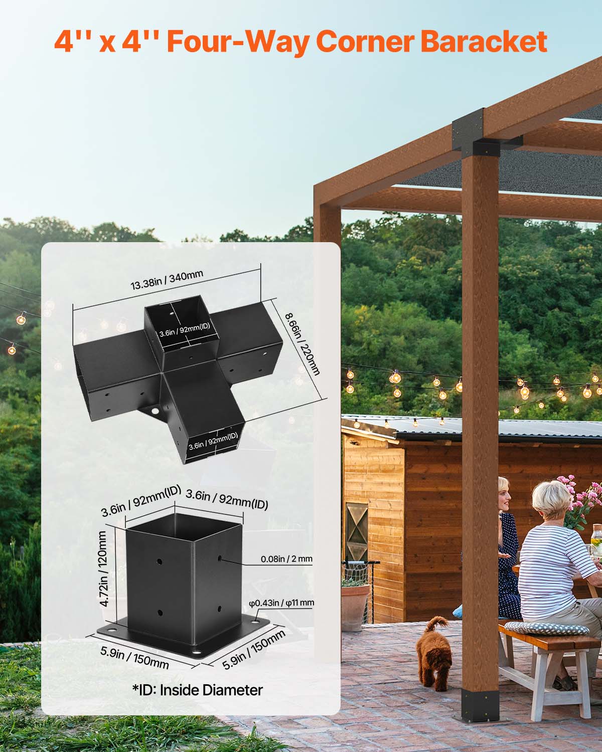 4" x 4" Four-Way Corner Baracket

- 13.38in / 340mm
- 3.6in / 92mm (ID)
- 8.66in / 220mm
- 3.6in / 92mm (D)
- 4.72in / 120mm
- 0.08in / 2mm
- 5.9in / 150mm
- 5.9in / 150mm

*ID: Inside Diameter