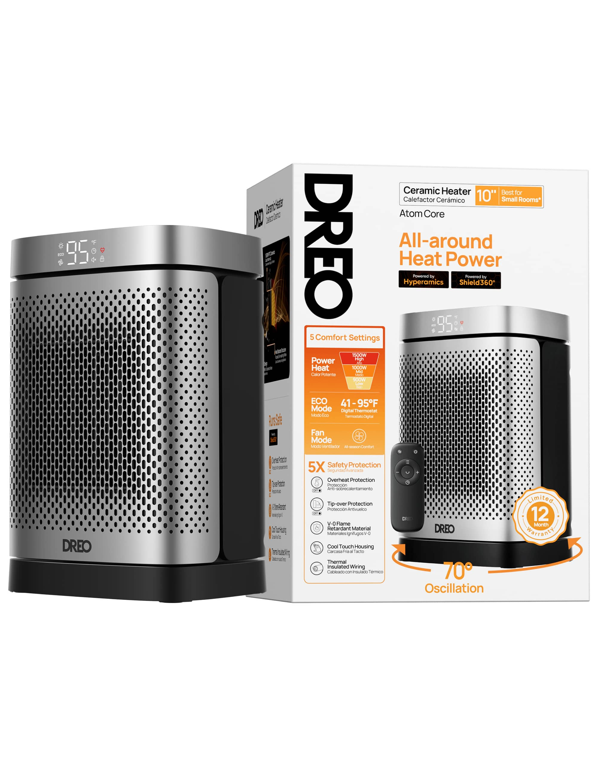 Dreo Space Heaters for Indoor Use outlets Atom One Portable Heater with 70°Oscillation