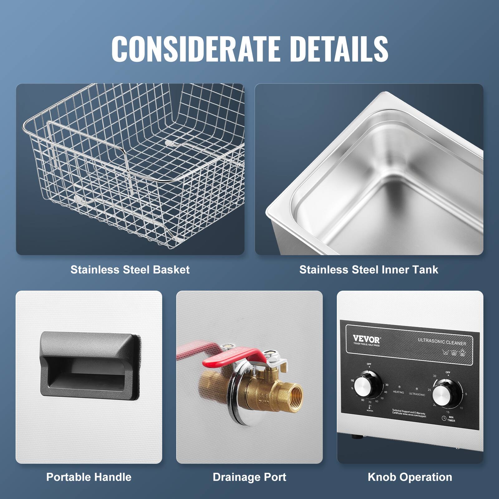 CONSIDERATE DETAILS
Stainless Steel Basket
Stainless Steel Inner Tank
Portable Handle
Drainage Port
Knob Operation