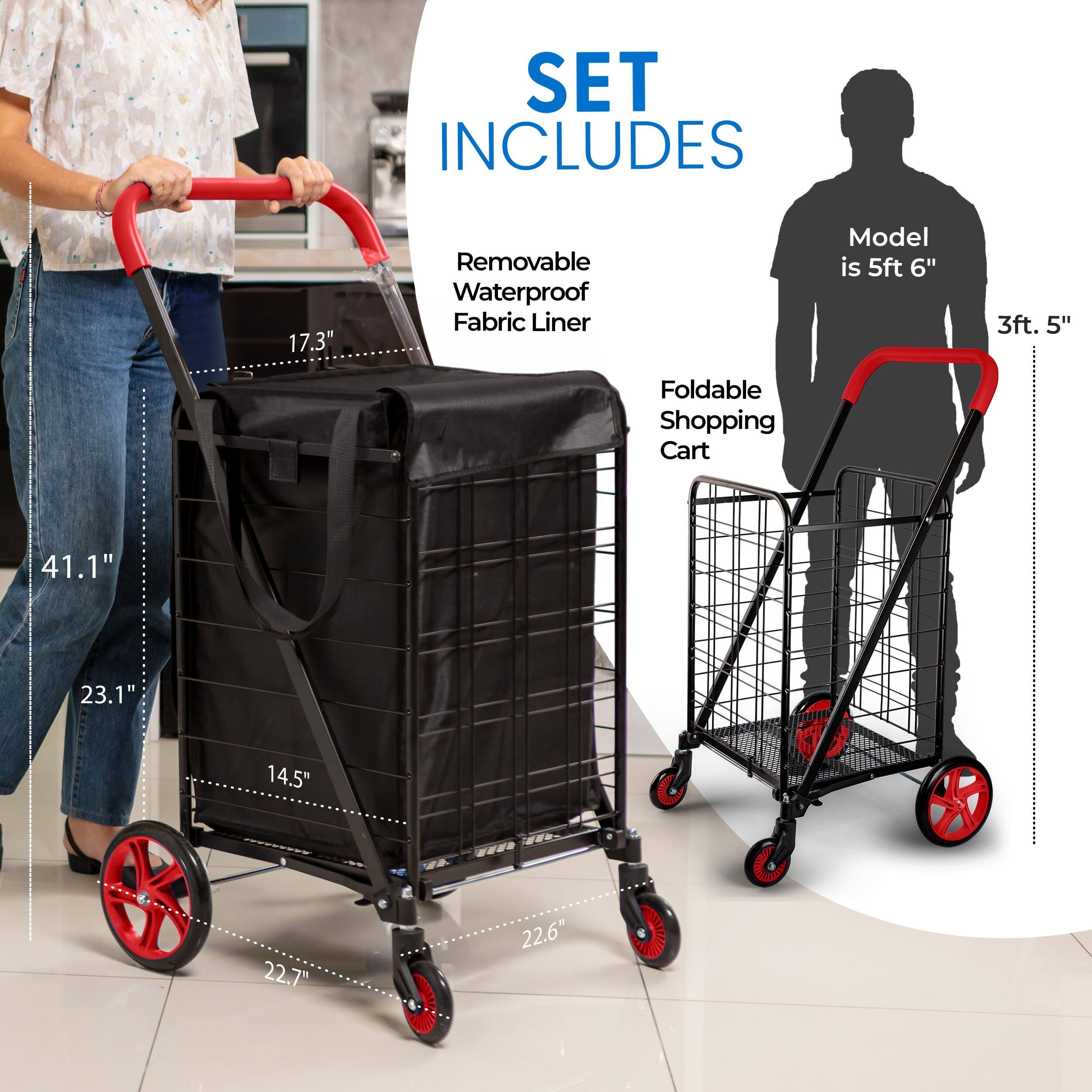 SET INCLUDES  
- 17.3" Removable Waterproof Fabric Liner  
- Model is 5ft 6"  
- 3ft. 5" Foldable Shopping Cart  
- 41.1"  
- 23.1"  
- 14.5"  
- 22.7"  
- 22.6"