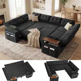 Dyonery - 8 Seat Modular Sectional Sleeper Sofa,Pull-Out Bed, Reclining Backrest, USB Ports, Side Table, Black - Black