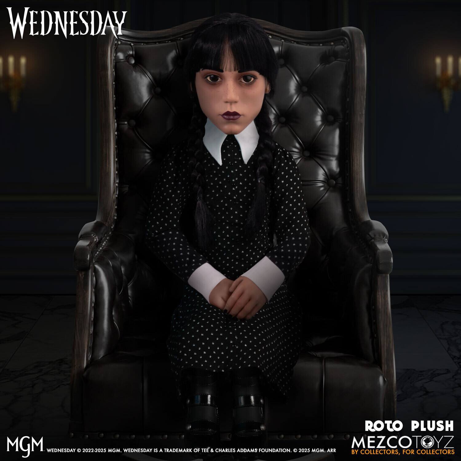 WEDNESDAY ROTO PLUSH MGM MEZCOTOYZ WEDNESDAY © 2022-2025 MGM. WEDNESDAY IS A TRADEMARK OF TEE & CHARLES ADDAMS FOUNDATION. © 2025 MGM. ARR BY FOR COLLECTORS, FOR COLLECTORS