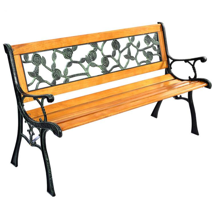 Back. Mondawe - 49.5 Inch Patio Park Garden Porch Chair Bench with Cast Iron and Solid Wood - Brown.