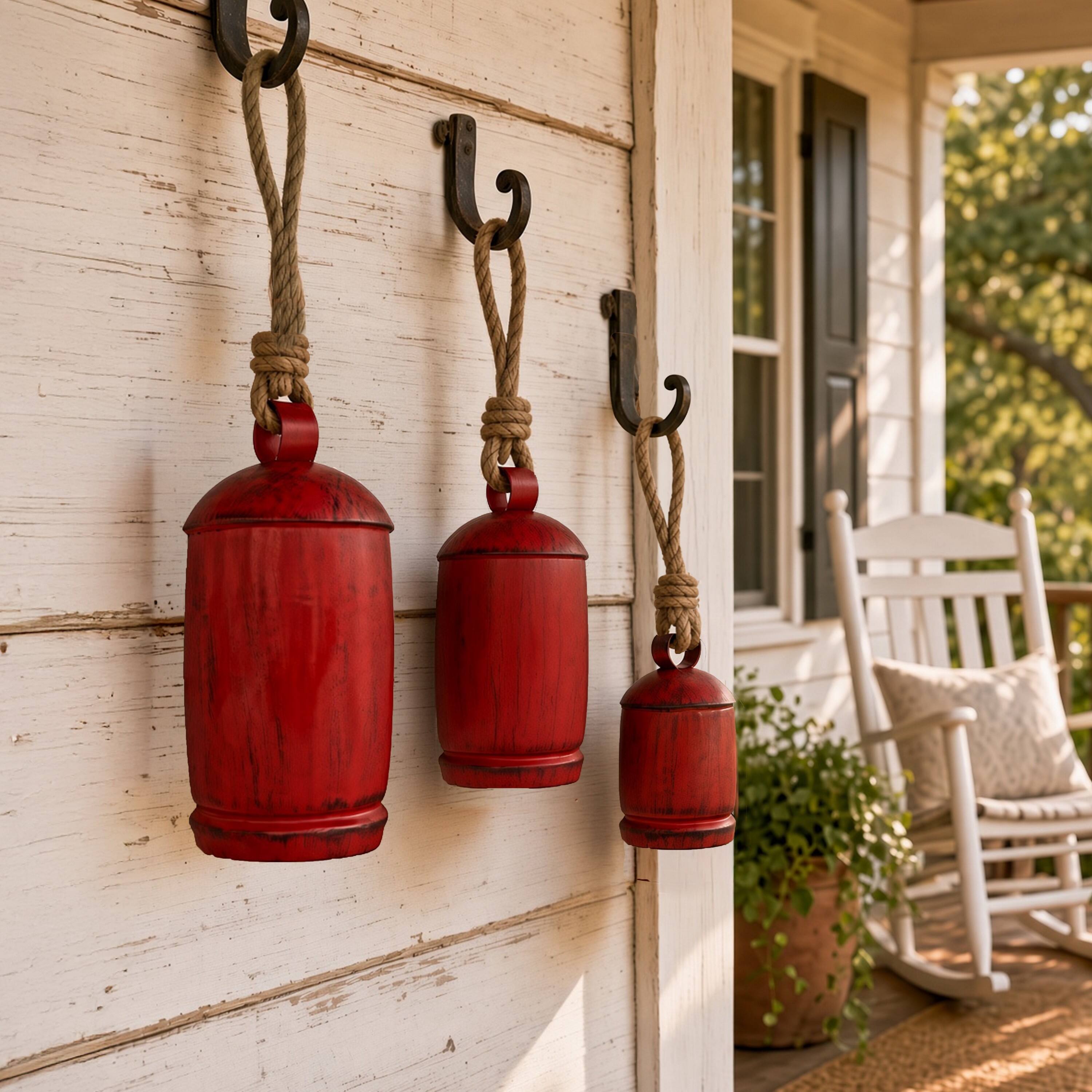 Alt View 6. Manhattan Lane - Set of 3 Cowbells Wall Hanging, Jute Rope, Rustic Boho Home Decor - Antique Red, Natural Brown.