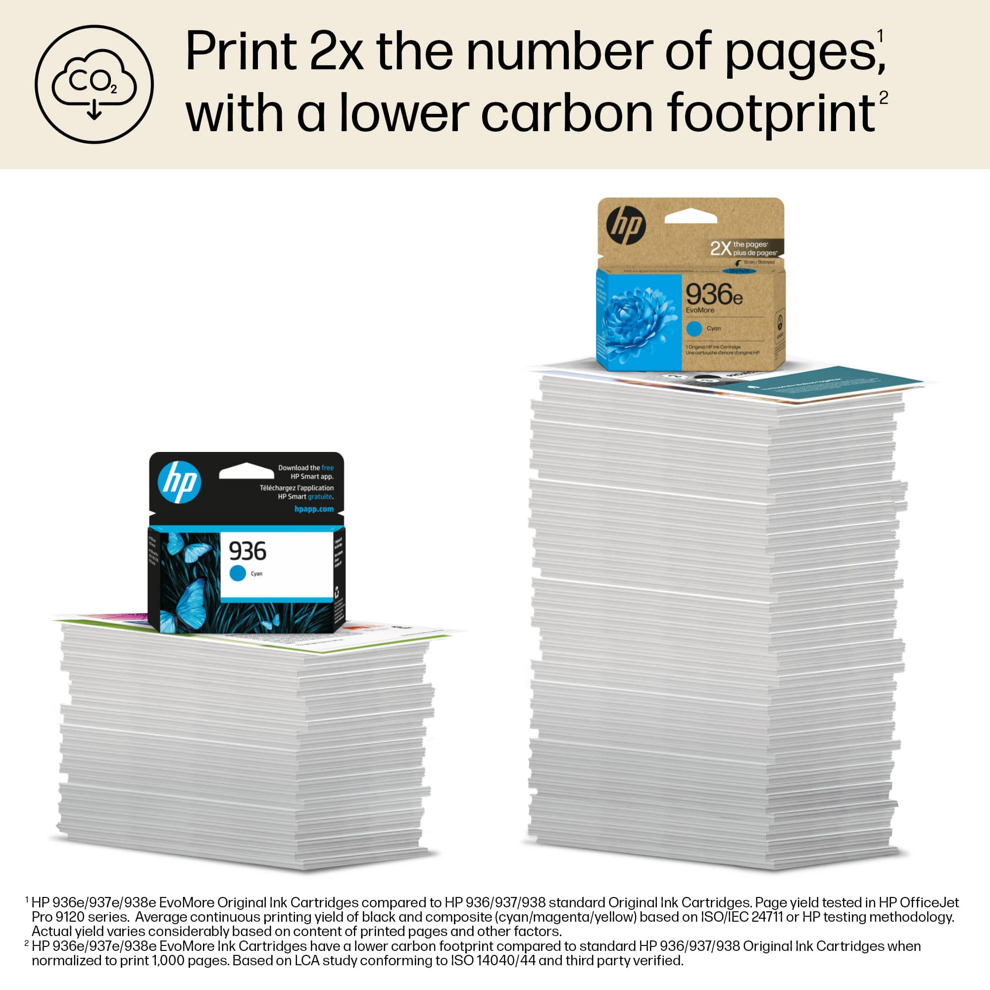 CO2 Print 2x the number of pages, 2 with a lower carbon footprint hp the - 2X pu - - - | 936e Fushus i 1 - | : hp - te Ta Smuar - Meachorges hergertspotication - Sman a hpapo - 936 - I HP 936e/937e/938e EvoMore Original Ink Cartridges compared to HP 936/937/938 standard Original Ink Cartridges. Page yield tested in HP OfficeJet Pro 9120 series. Average continuous printing yield of black and composite (cyan/magenta/yellow) based on SO/IEC24711 24711 or HP testing methodology. Actual yield varies considerably based on content of printed pages and other factors. 2 HP 936e/937e/938e EvoMore Ink Cartridges have lower carbon footprint compared to standard HP 936/937/938 Ink Cartridges when normalized to print 1,000 pages. Based on LCA study conforming to SO 14040/44 and third party verified.