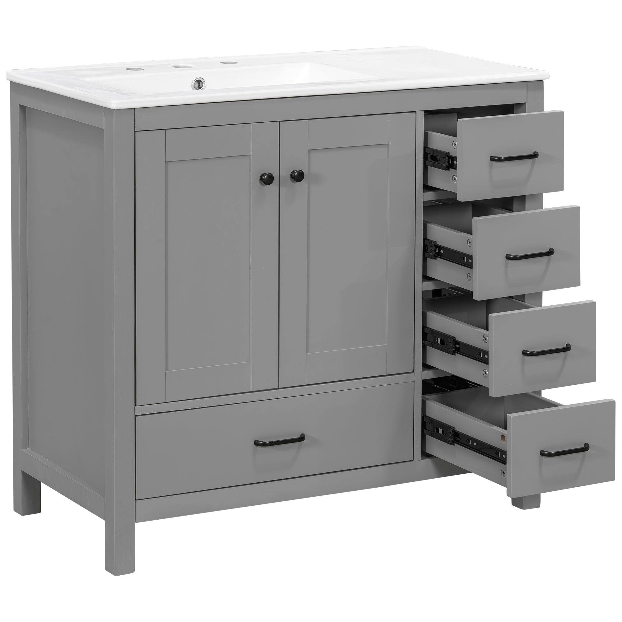 Back. Boyel Living - 36 Inch Gray Bathroom Vanity with Ceramic Sink 2 Soft Close Doors 5 Drawers Solid Wood and MDF Black Handles - Blue.