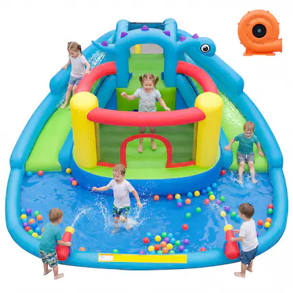 Front. Gymax - Gymax Inflatable Water Slide Park w/Double Slides Splash Pool 860W Blower for Yard - Multicolor.