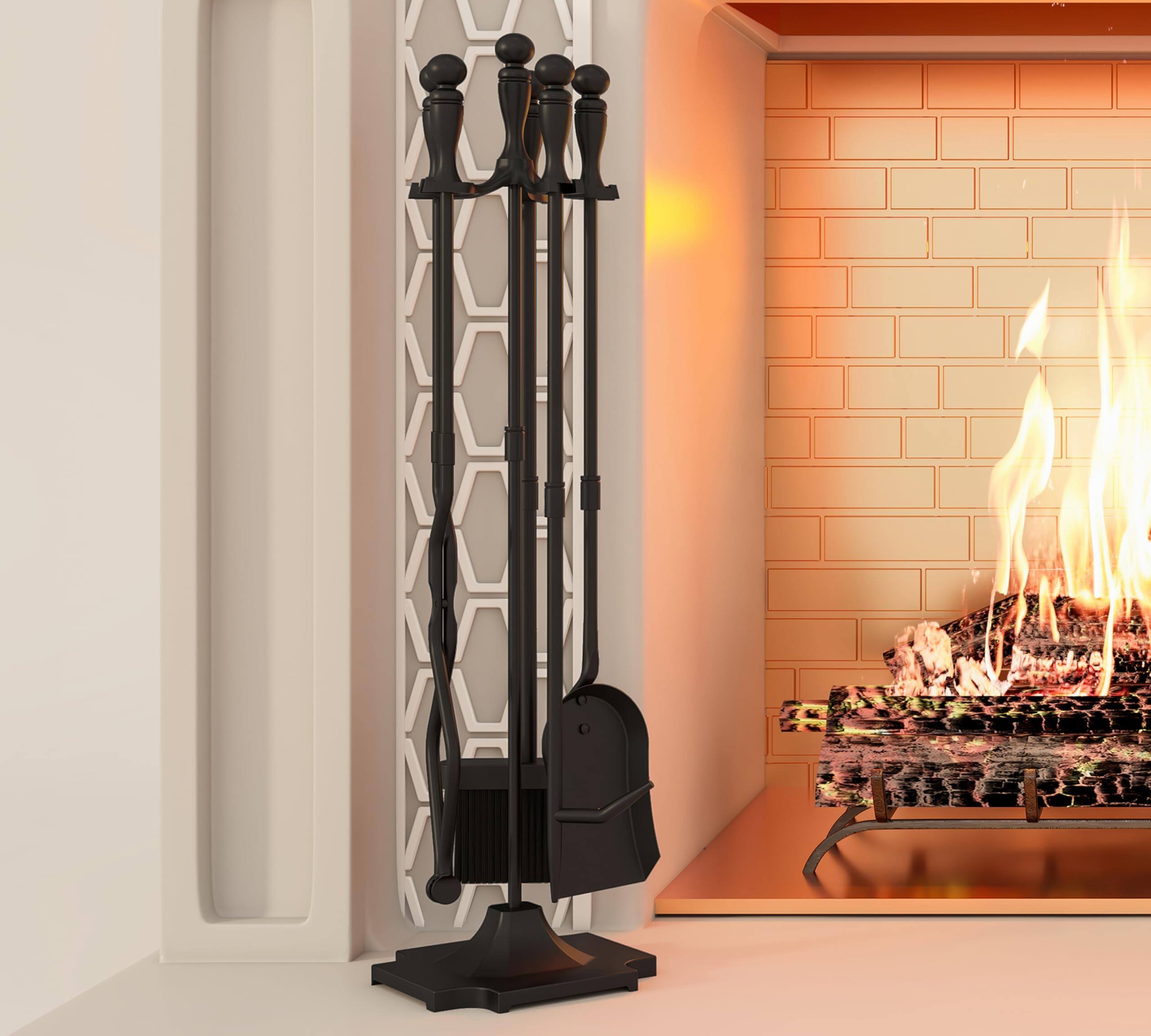 Alt View 3. JETRANSPORT - 5 Fireplace Tools Sets Heavy Duty Wrought Iron Large Fire Tool Set And Holder Outdoor Black - Default.