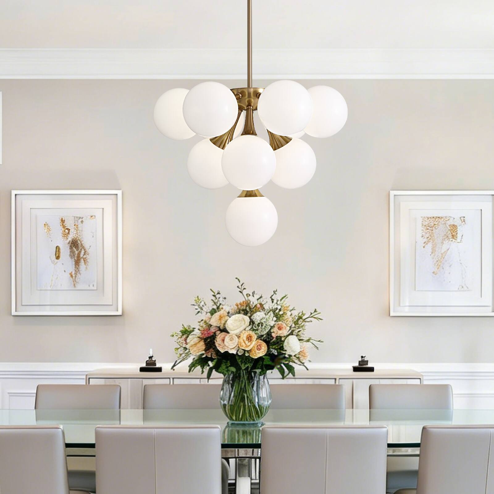 Angle. Siljoy - 21.3" Gold 10-Light Sputnik Chandelier, White Glass Shades Adjustable for Dining Kitchen Living Foyer - Gold Brass.
