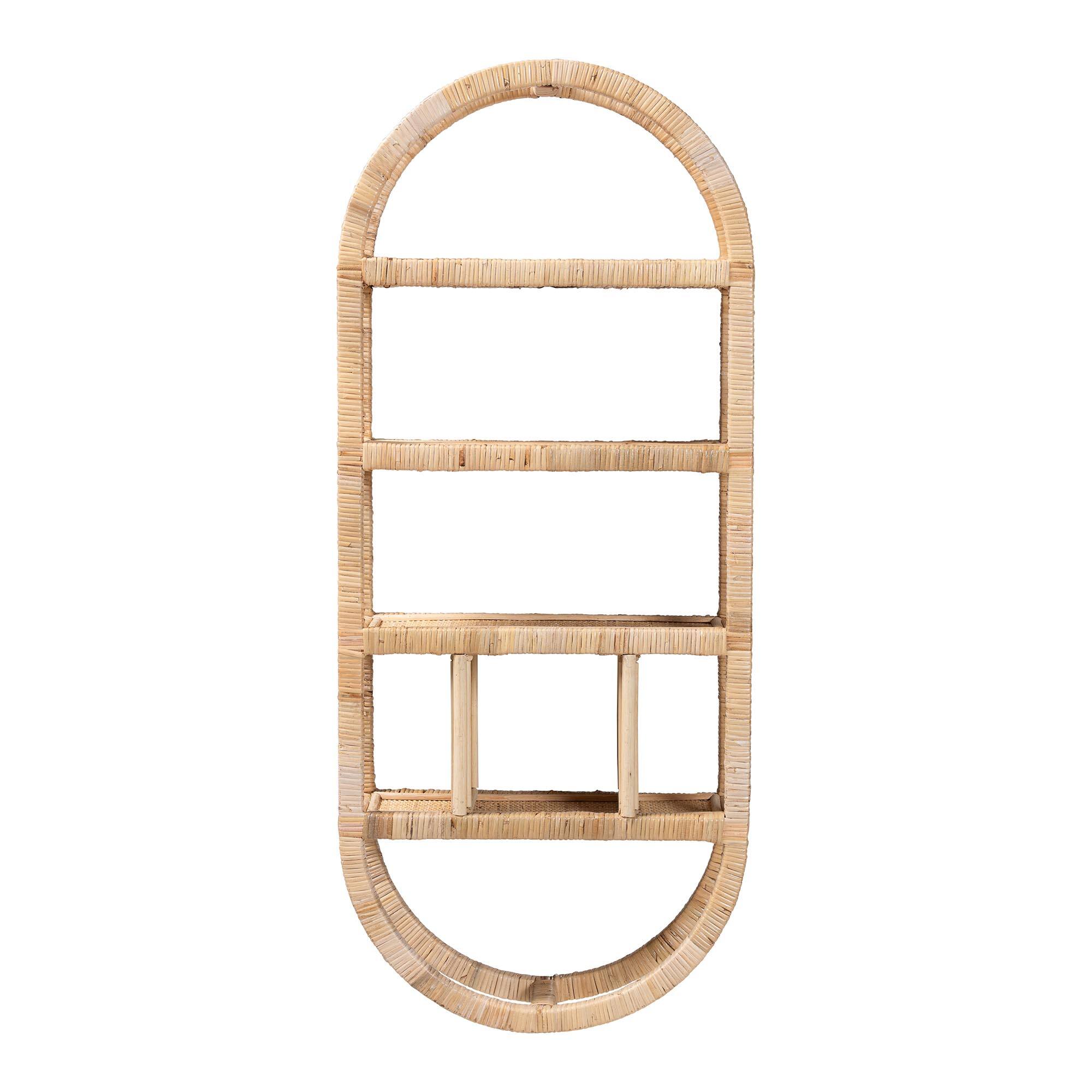 Angle. bali & pari - Labonita Natural Rattan Wall Shelf  – 3-Tier Wall-Mounted Display Unit for Entryway, Living Room, or Bathroom - Natural Brown.