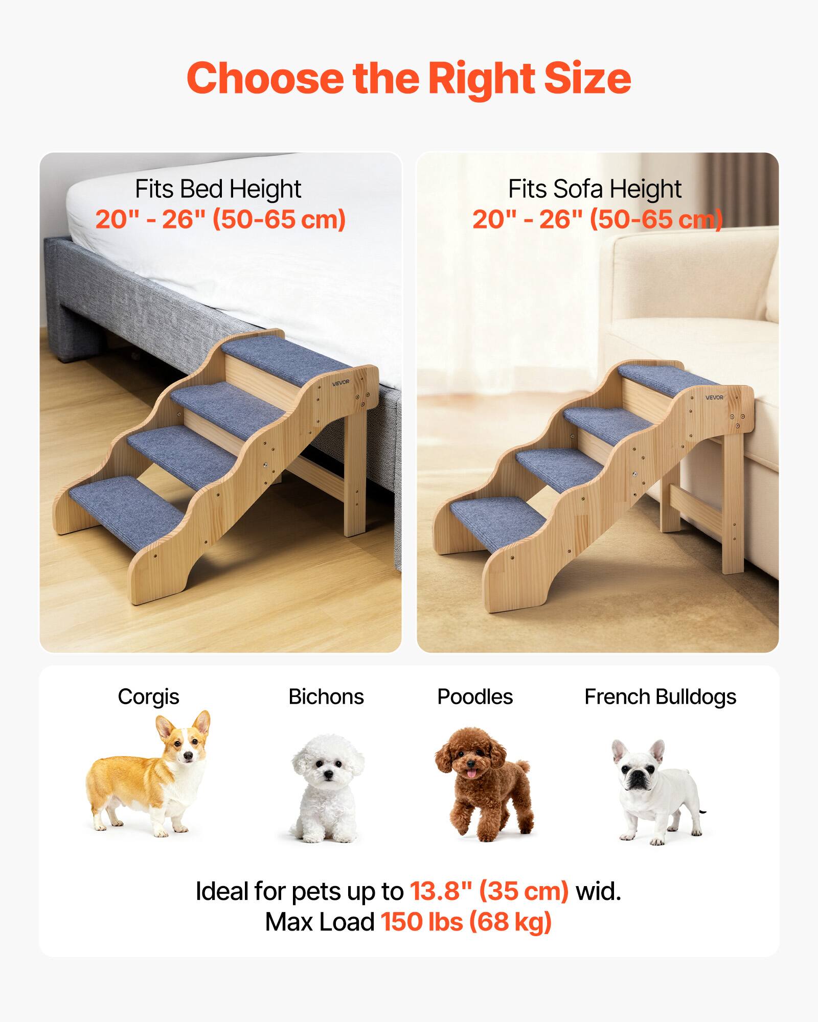 Choose the Right Size

Fits Bed Height  
20" - 26" (50-65 cm)

Fits Sofa Height  
20" - 26" (50-65 cm)

Corgis  
Bichons  
Poodles  
French Bulldogs

Ideal for pets up to 13.8" (35 cm) wide.  
Max Load 150 lbs (68 kg)
