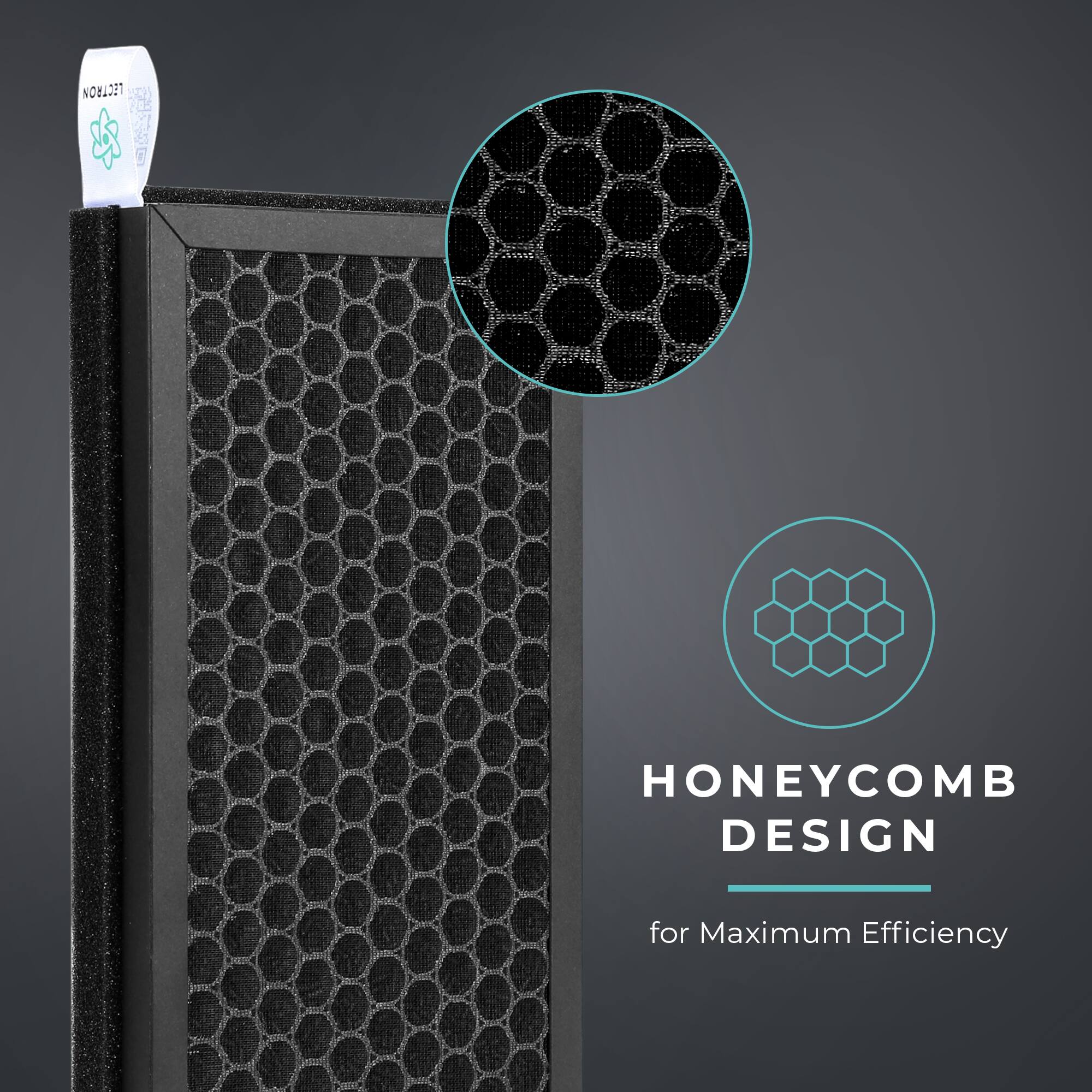The text on the image is grouped and corrected as follows:

"Electron Honeycomb Design for Maximum Efficiency."