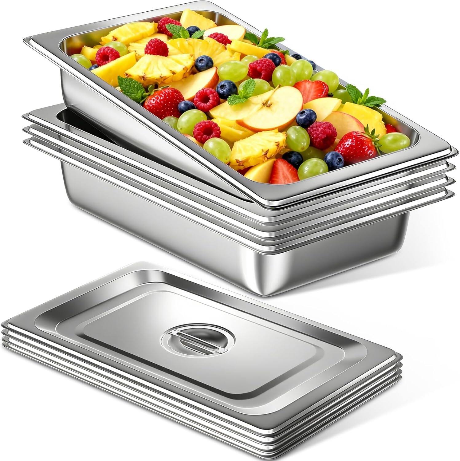Front. OSTBA - 4 Pack Full Size Hotel Pans with Lids 1/1 Size 4" Deep,Stainless Steel Steam Table Buffet Pans 20.8" L x 12.8" W.
