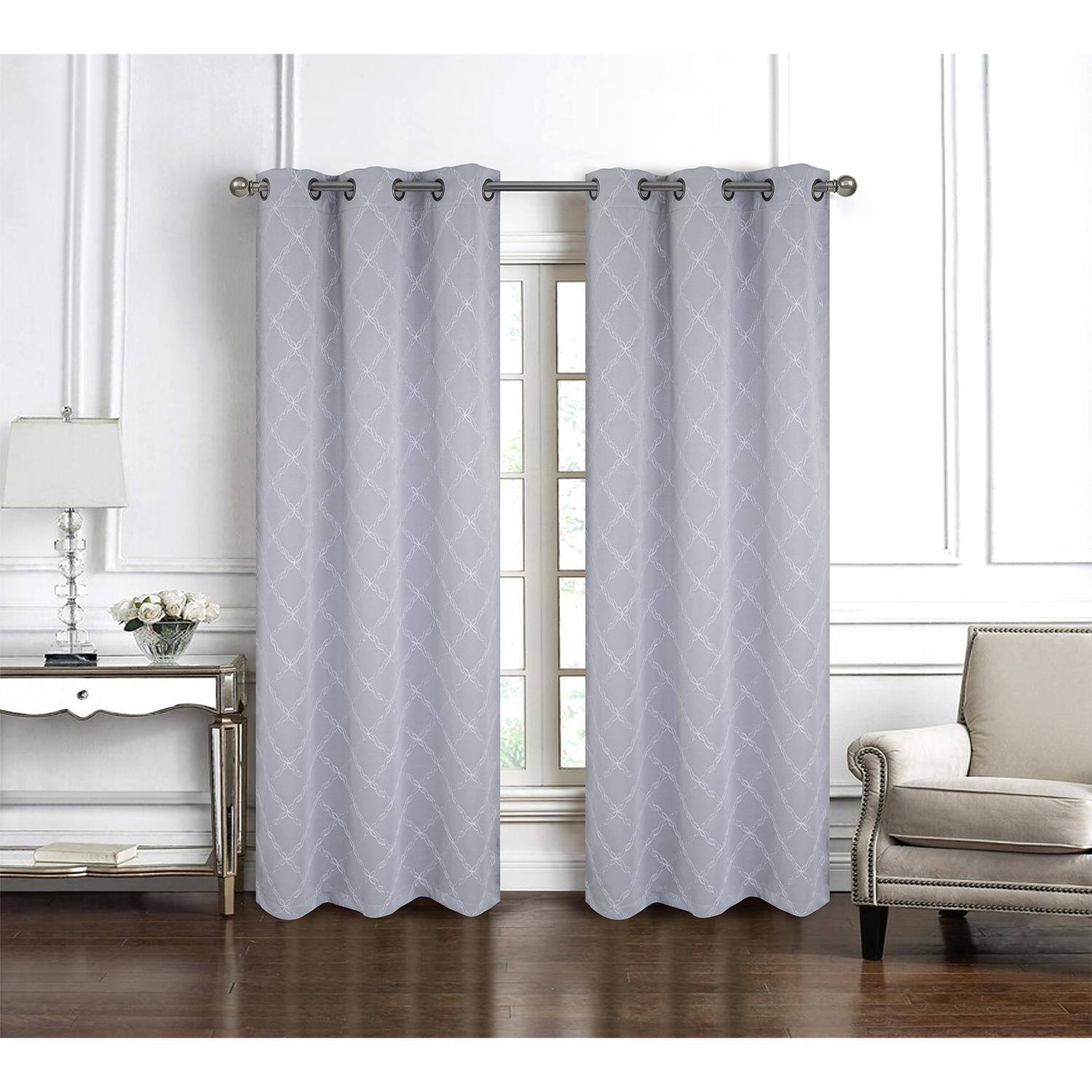 Angle. RT Designers Collection - RT Designer Collection Gable Embroidered Blackout Luxurious Decorative Grommet Curtain Panel 54" x 84" Silver - Silver.