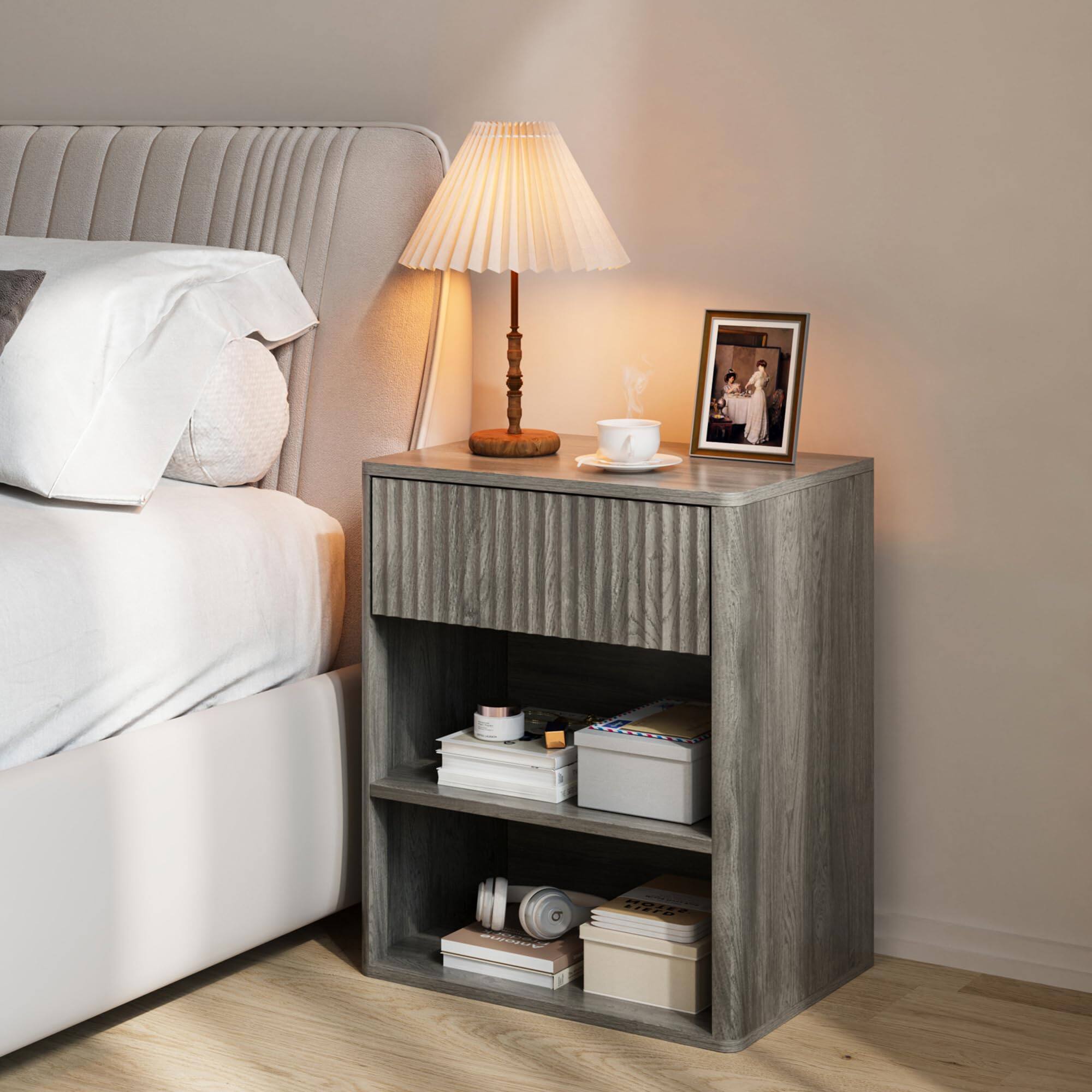 Front. Empire DigiLabs - Nightstand Bedside Table Storage Drawer - Mid Century Modern Night Stand With Fluted Wood And Open Shelf Be... - Modern Gray.