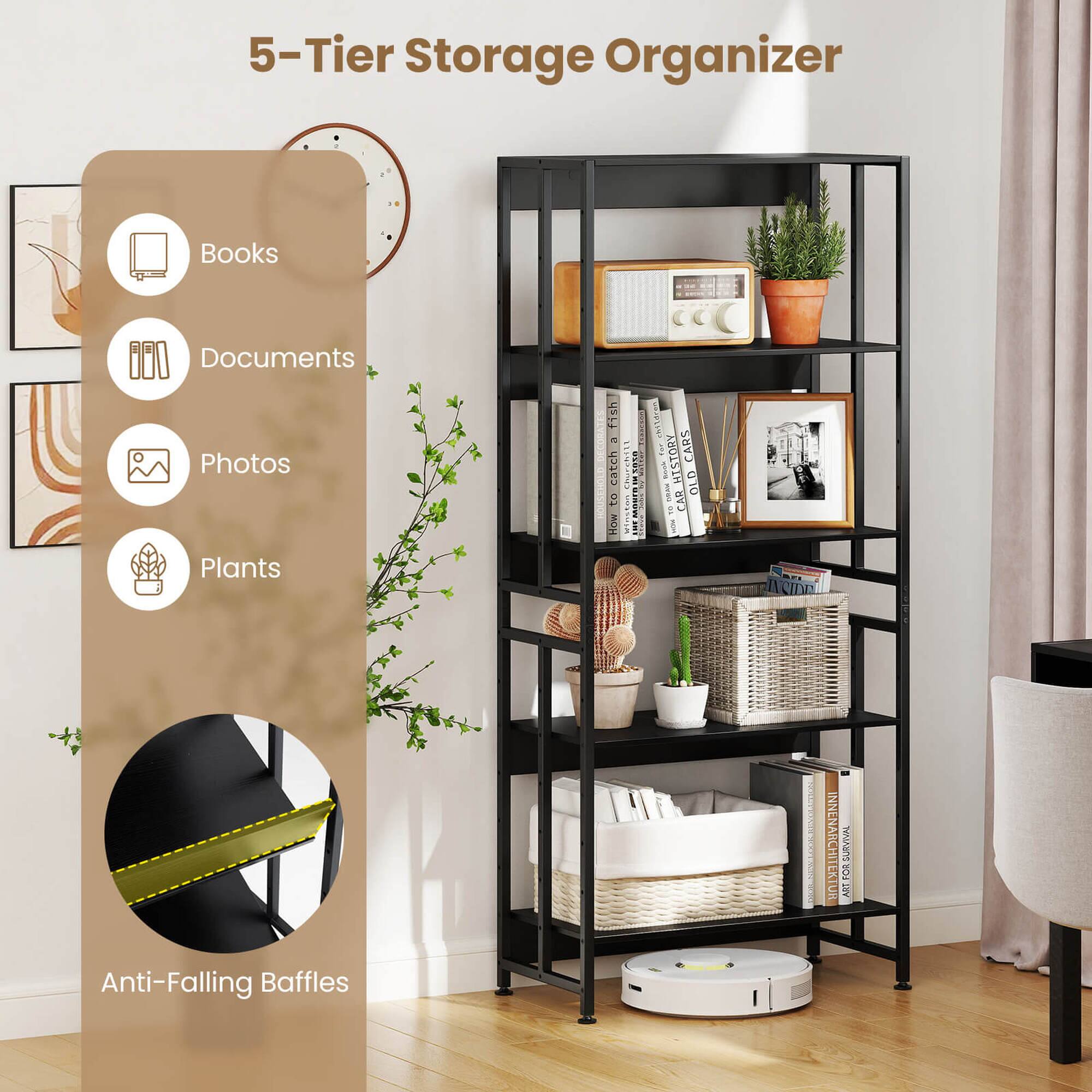 5-Tier Storage Organizer Books Documents Photos Plants | Anti-Falling Baffles