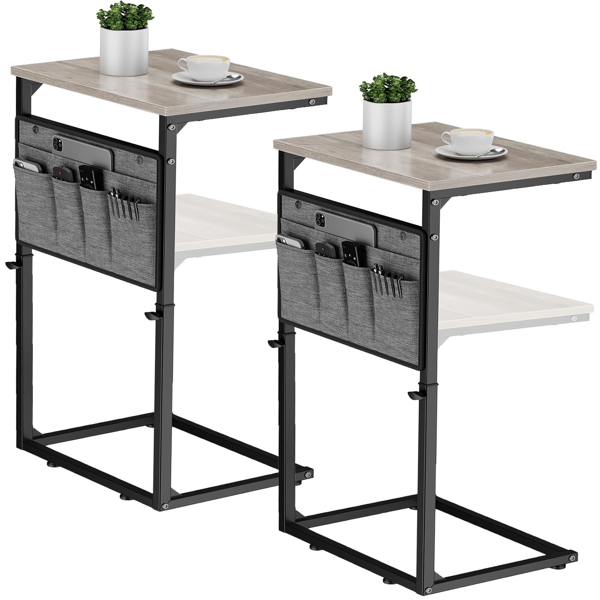 Fabibe - C Shaped End Table 33'' Tall Side For Couch Adjustable Height Small Spaces Slide Under Sofa Tv Tray Arm - Greige 2pc 16.35"D x 11.62"W x 17.7-32.5"H