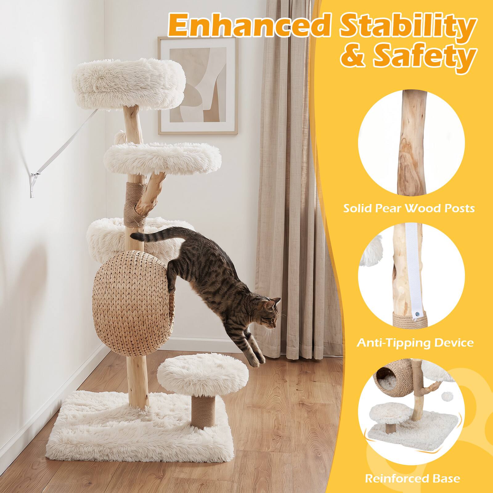 Enhanced Stability & Safety  
Solid Pear Wood Posts  
Anti-Tipping Device  
Reinforced Base
