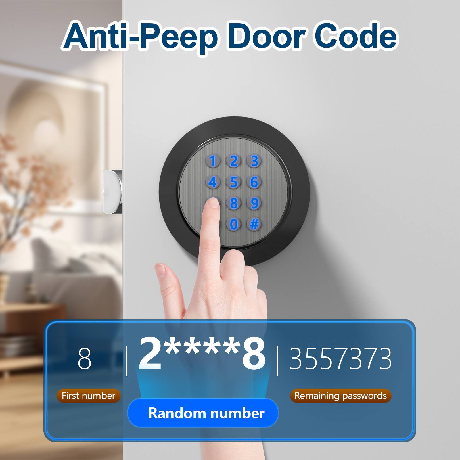 Anti-Peep Door Code 1 2 3 4 5 6 7 8 9 0 # 8 | 2 2****8 8 | 3557373 First number Remaining passwords Random number