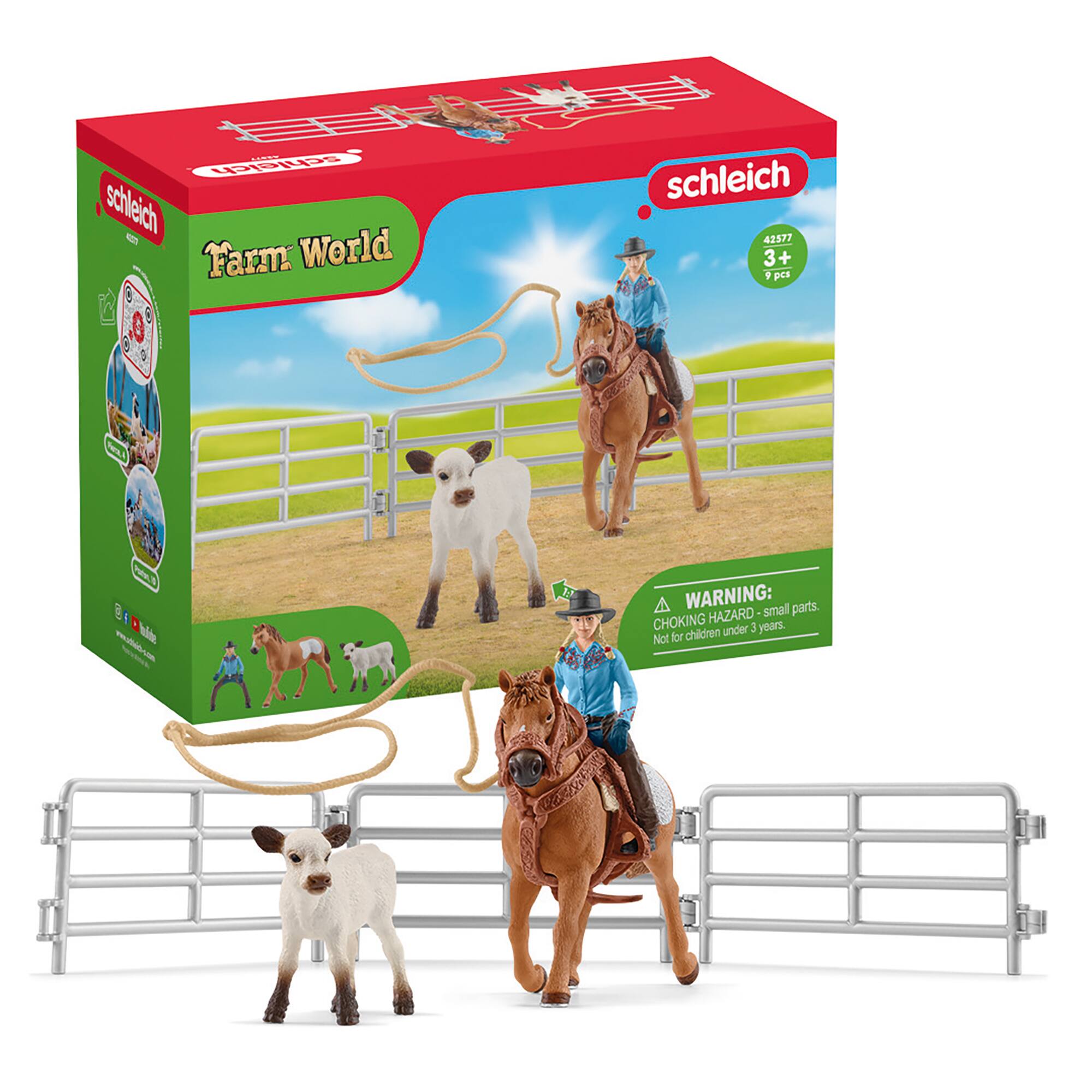 Schleich is the brand of the toy shown in the image. The toy is part of the Farm World set and is designed for children aged 3 and up. The toy comes with a warning that small parts may pose a choking hazard for children under 3 years old.