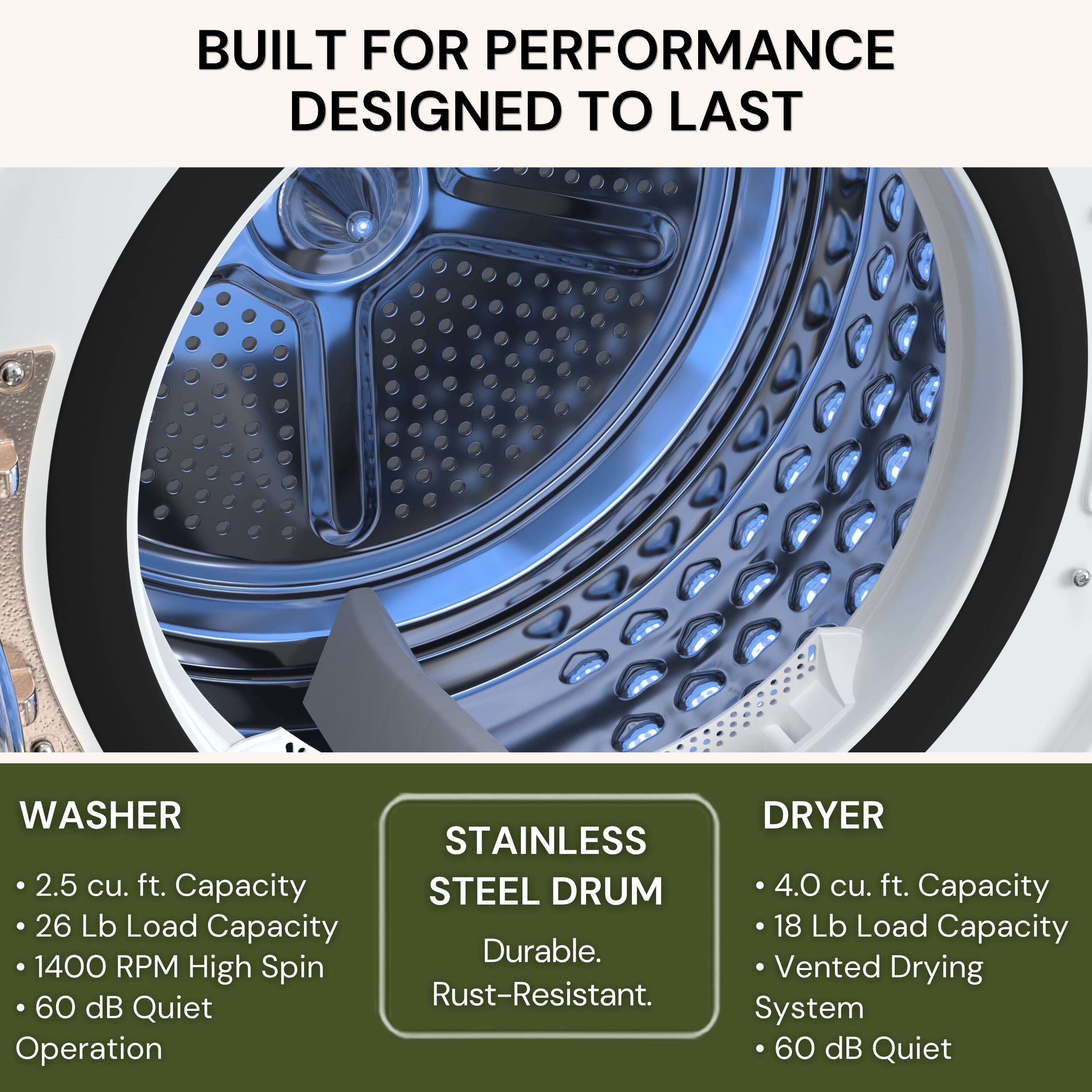BUILT FOR PERFORMANCE DESIGNED TO LAST

WASHER
- 2.5 cu. ft. Capacity
- 26 Lb Load Capacity
- 1400 RPM High Spin
- 60 dB Quiet Operation

STAINLESS STEEL DRUM
- Durable
- Rust-Resistant

DRYER
- 4.0 cu. ft. Capacity
- 18 Lb Load Capacity
- Vented Drying System
- 60 dB Quiet
