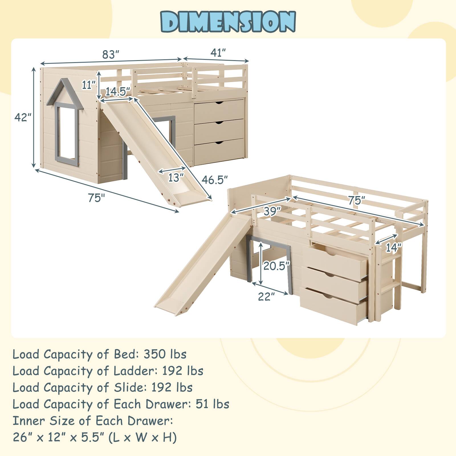 Alt View 2. Costway - Costway Twin Low Loft bed with Slide Ladder Storage Drawers Play Game Space Wooden - Beige,Gray.