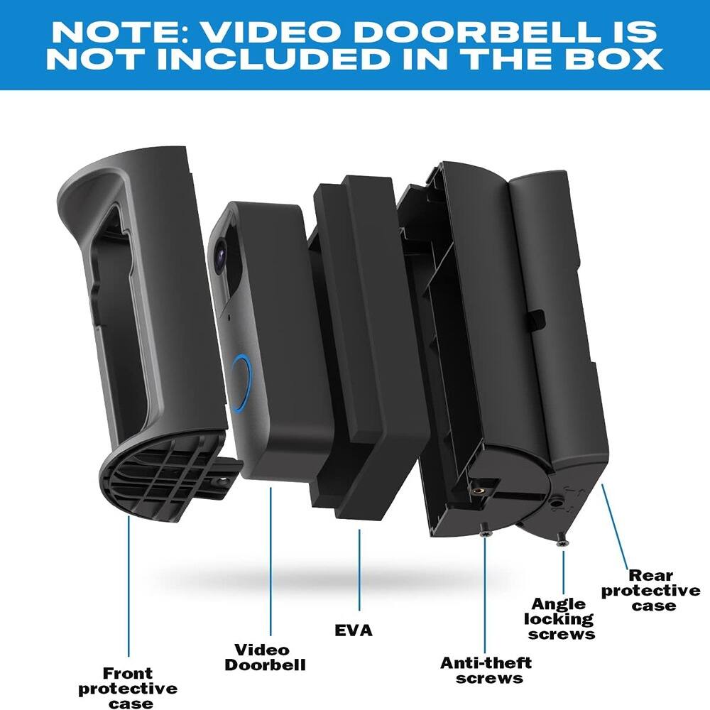 NOTE: VIDEO DOORBELL IS NOT INCLUDED IN THE BOX

- Front protective case
- Video Doorbell
- EVA
- Anti-theft screws
- Angle locking screws
- Rear protective case