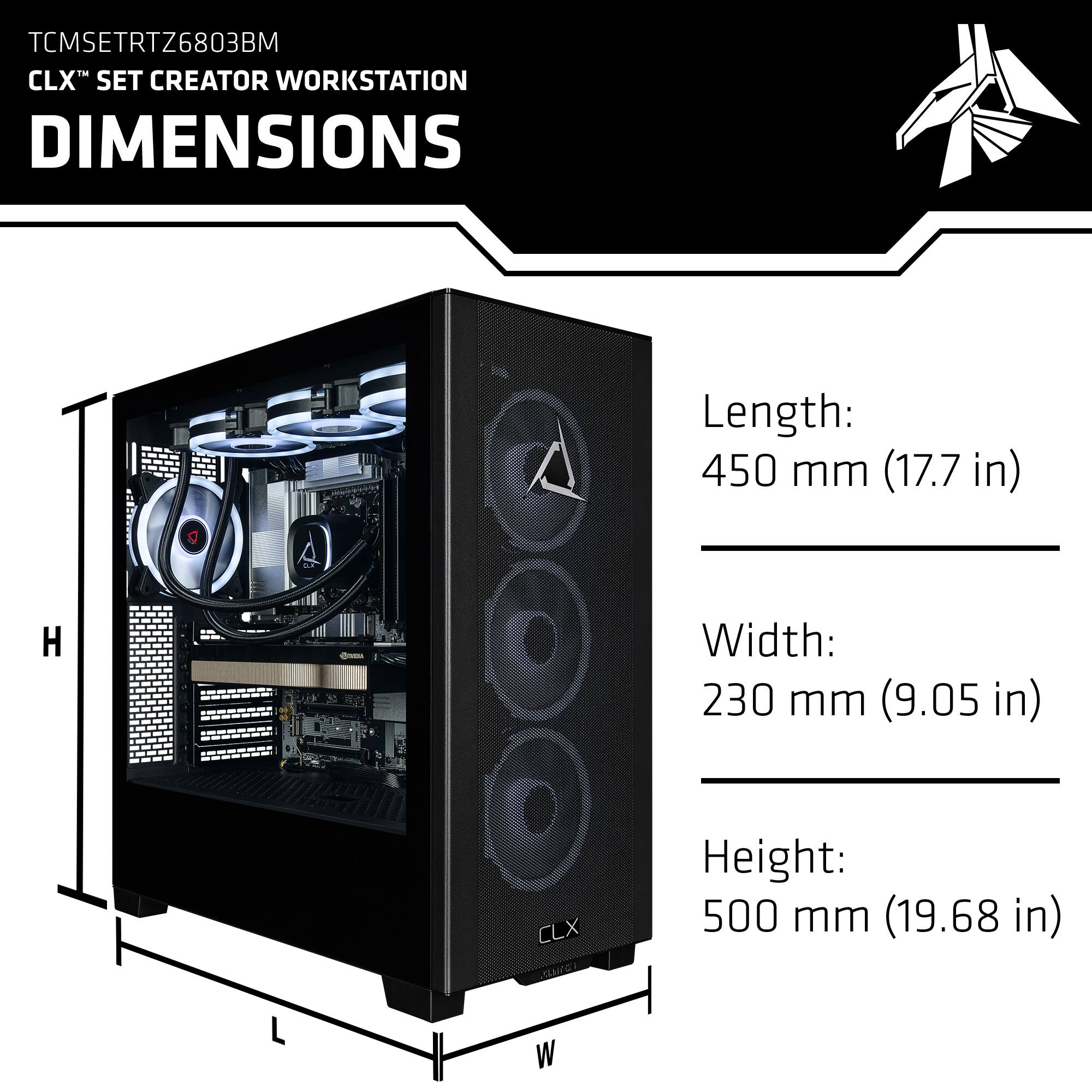 TCMSETRTZ6803BM  
CLX SET CREATOR WORKSTATION  
DIMENSIONS  

Length: 450 mm (17.7 in)  
Width: 230 mm (9.05 in)  
Height: 500 mm (19.68 in)