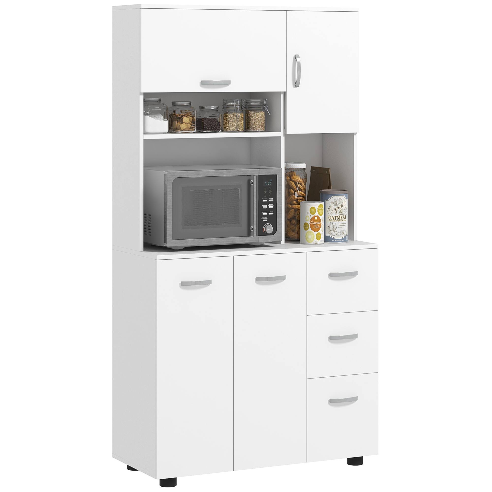 Homcom - 66" Buffet with Hutch, Freestanding Kitchen Pantry with 2 Large Cabinets, 1 Pull Up Cabinet, 3 Drawers & Wide Countertop - White