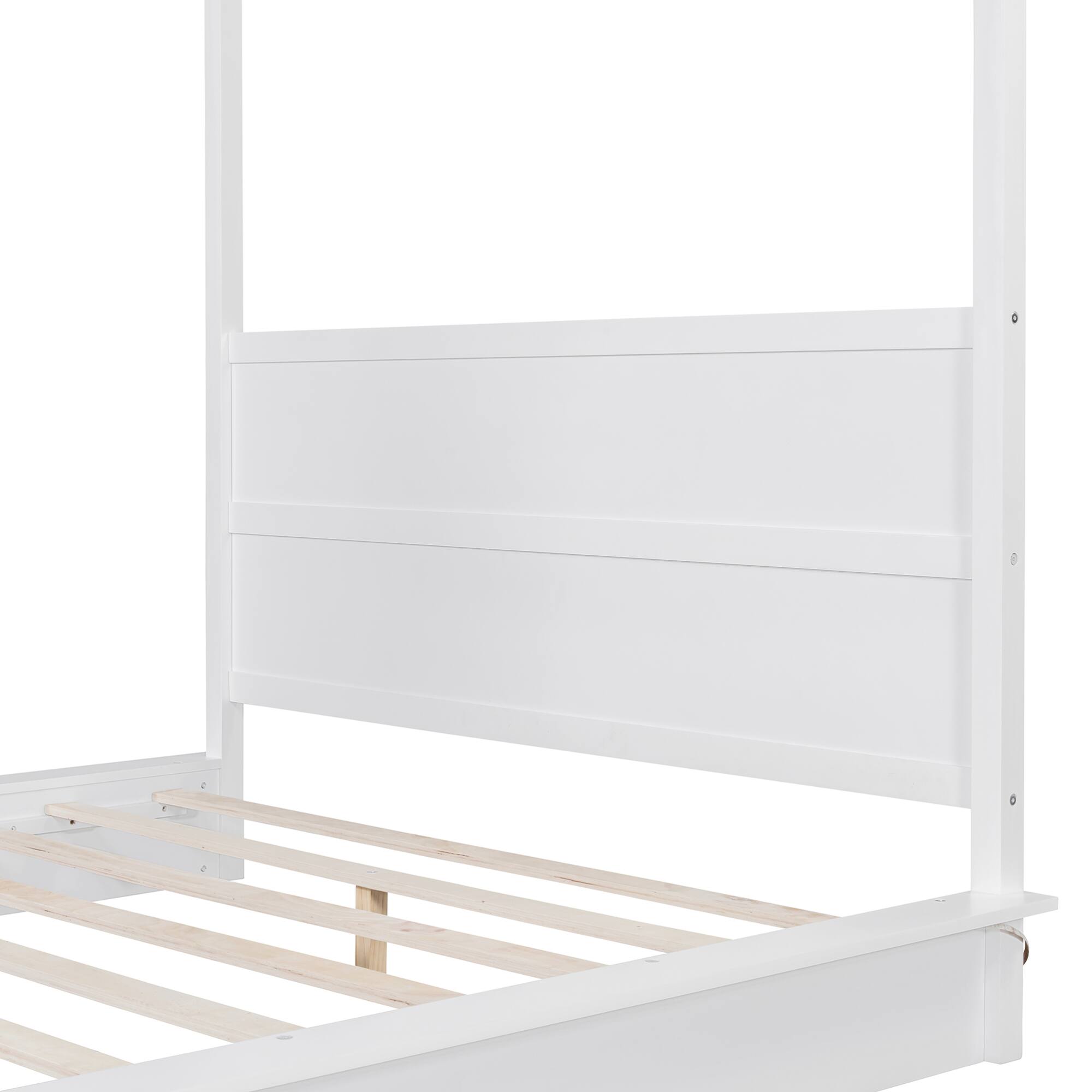 Alt View 8. GOODSILO - Queen Size Wooden LED Canopy Platform Bed with Support Slats, No Box Spring Needed, Modern Design - White.