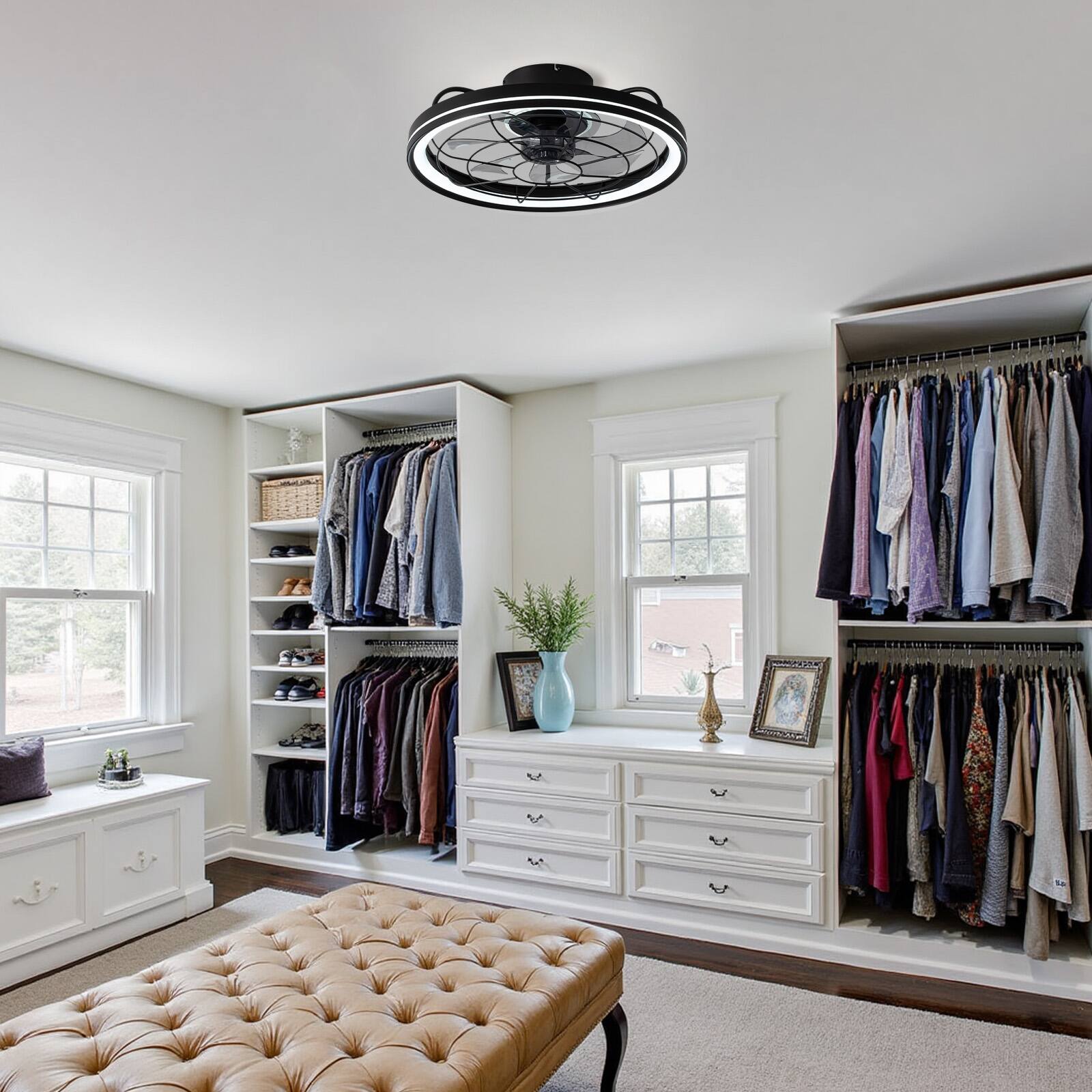 Alt View 1. Siljoy - 20-in Modern Black Caged Ceiling Fan with LED Light Remote App Control 6 Speed Reversible DC Motor - Black.