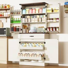 Espafurni - 71" Farmhouse Pantry Cabinet with 3 Drawers, 6 Barn Door Shelves & Adjustable Storage - White