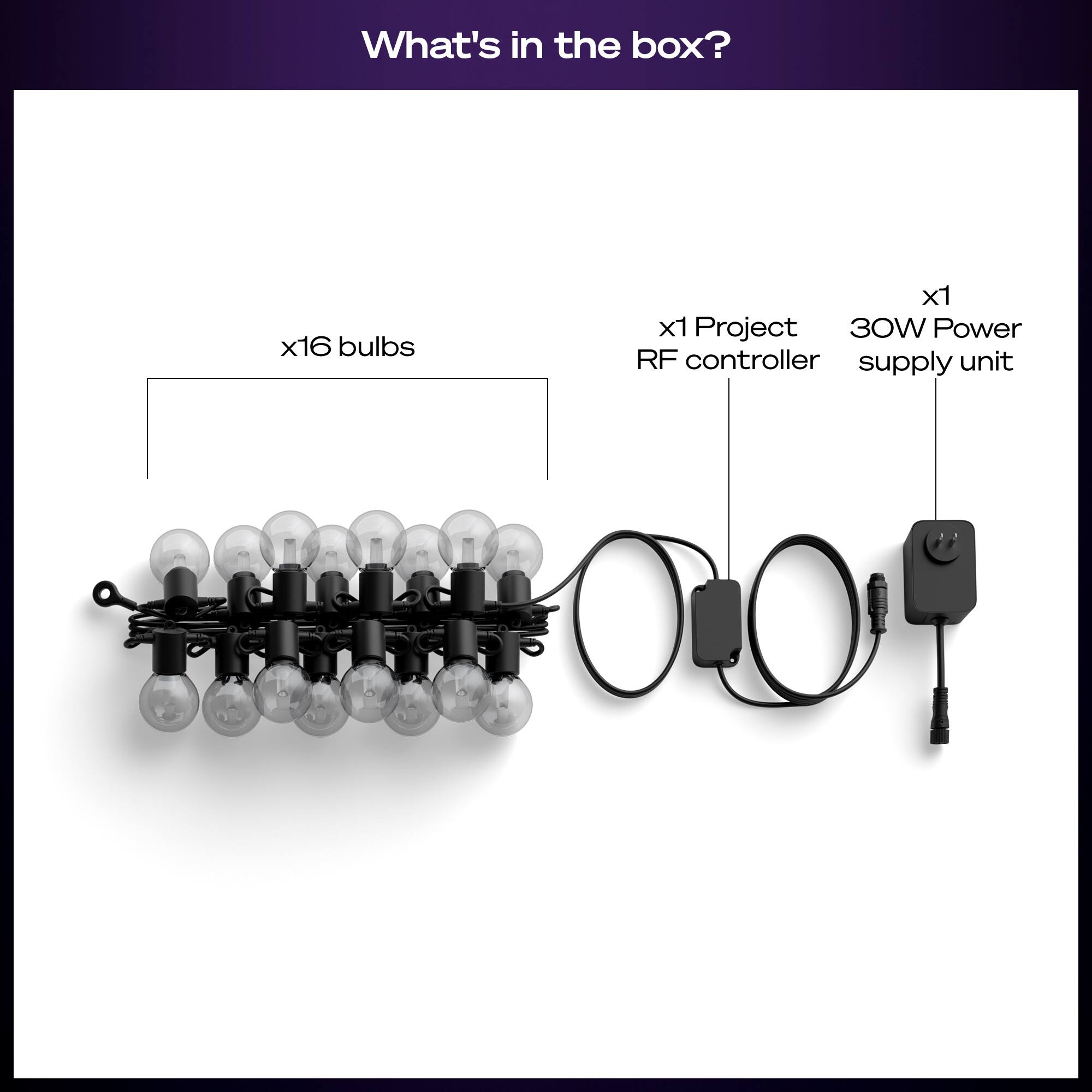 What's in the box?

- x16 bulbs
- x1 Project RF controller
- x1 30W Power supply unit