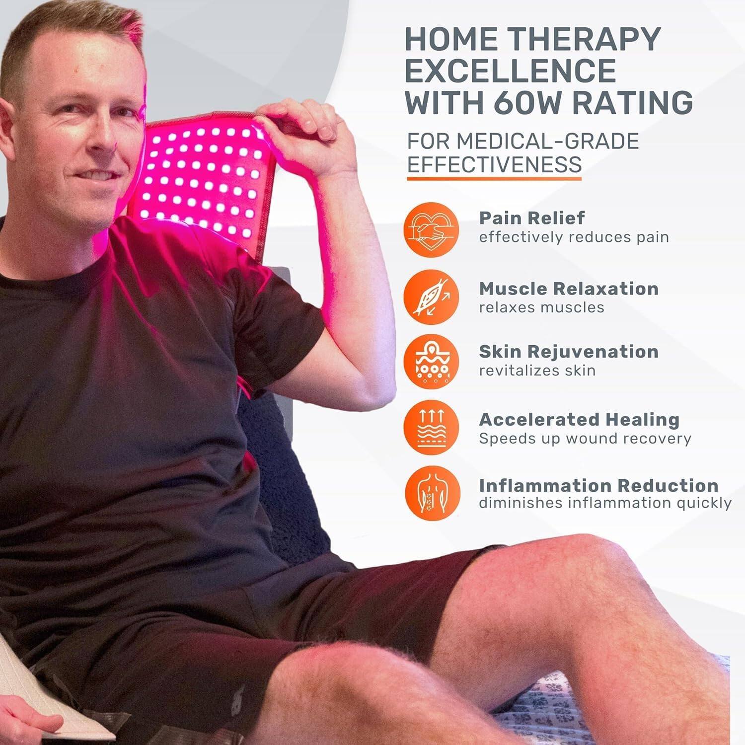 HOME THERAPY EXCELLENCE WITH 60W RATING FOR MEDICAL-GRADE EFFECTIVENESS

- Pain Relief: effectively reduces pain
- Muscle Relaxation: relaxes muscles
- Skin Rejuvenation: revitalizes skin
- Accelerated Healing: speeds up wound recovery
- Inflammation Reduction: diminishes inflammation quickly