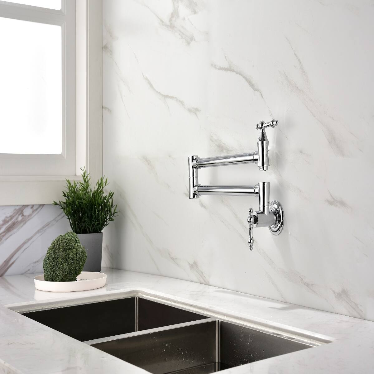 Alt View 4. Ropilly - Ropilly Wall Mount Pot Filler Faucet Chrome Brass Double Handle Swivel Arm Kitchen Faucet - Chrome.