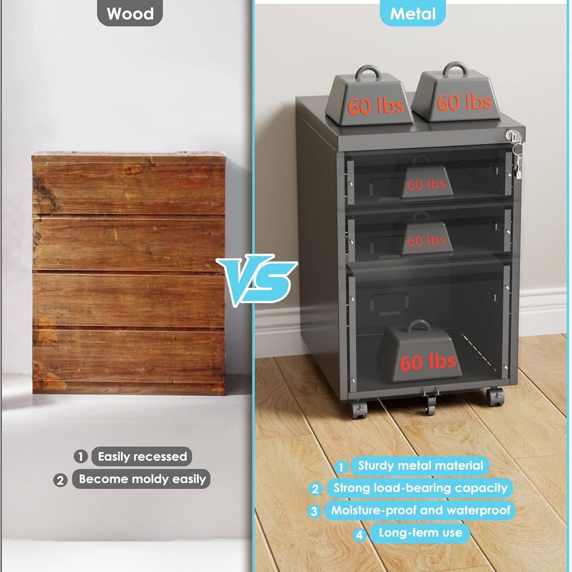 Wood Metal  
60 lbs 60 lbs 60 lbs VS 60 lbs 60 lbs 1 Easily recessed  
2 Become moldy easily  
1 Sturdy metal material  
2 Strong load-bearing capacity  
3 Moisture-proof and waterproof  
4 Long-term use