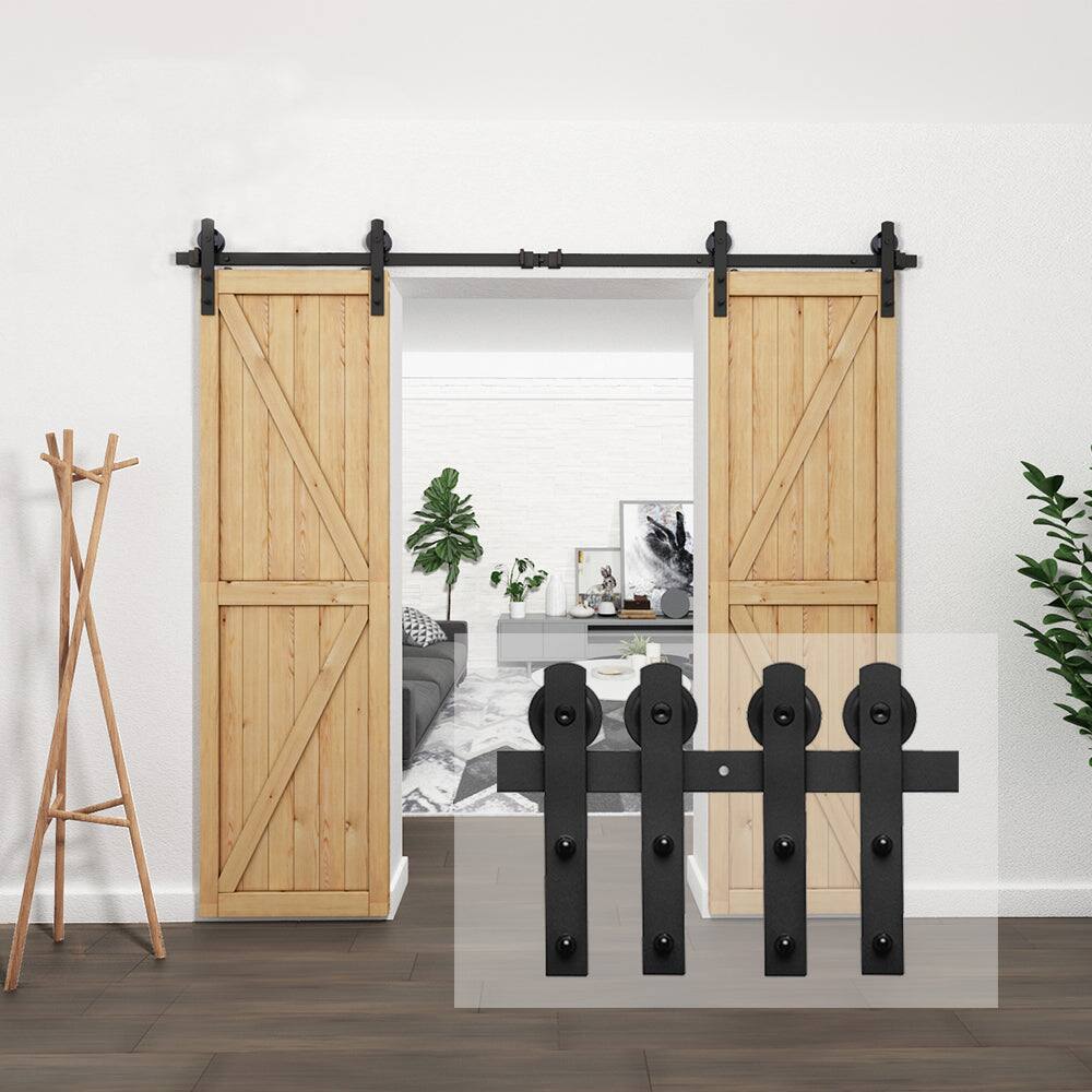 Alt View 3. Boyel Living - 8 ft./96 in. Black Steel Straight Strap Sliding Barn Door Track and Hardware Kit for Double Doors with Floor Guide - Black.