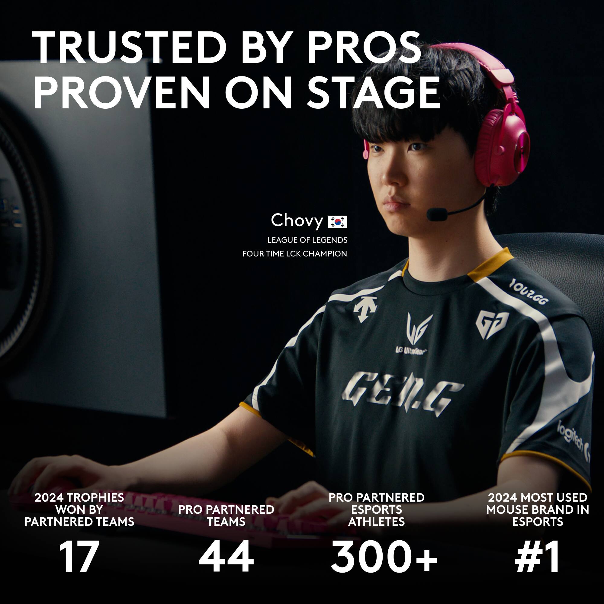 TRUSTED BY PROS PROVEN ON STAGE

Chovy
LEAGUE OF LEGENDS FOUR TIME LCK CHAMPION

10U2.GG
logitech
GERG

2024 TROPHIES WON BY PARTNERED TEAMS 17
PRO PARTNERED TEAMS 44
PRO PARTNERED ESPORTS ATHLETES 300+
2024 MOST USED MOUSE BRAND IN ESPORTS #1