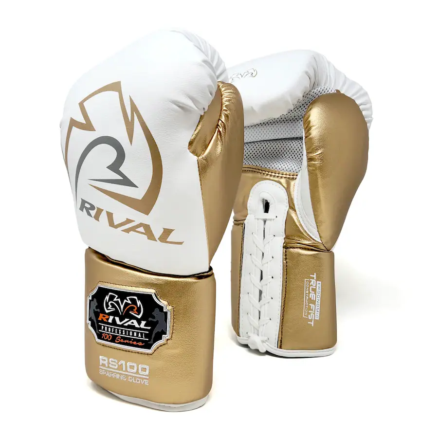 Rivel Golvesd RIVAL Boxing RS100 Pro Lace Up Sparring Gloves 14 oz. White/Gold RS100 ...